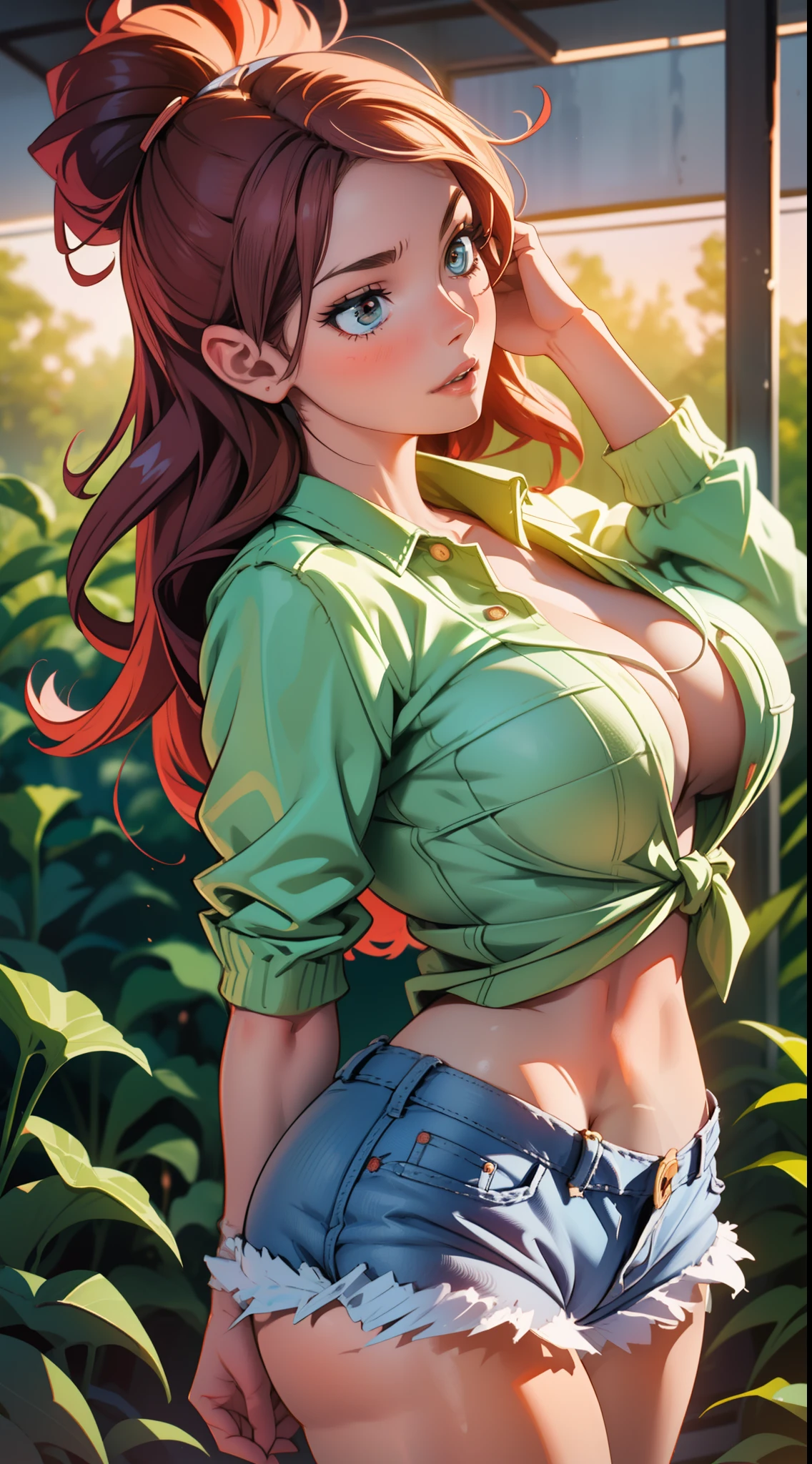 Sexy young farmer girl with large breasts popping out of her tied up plaid shirt, bending over in tight denim shorts barely covering her huge round ass cheeks as she milks a cow in a red barn, portrait photo with dramatic warm sunset backlighting, depth of field aesthetic