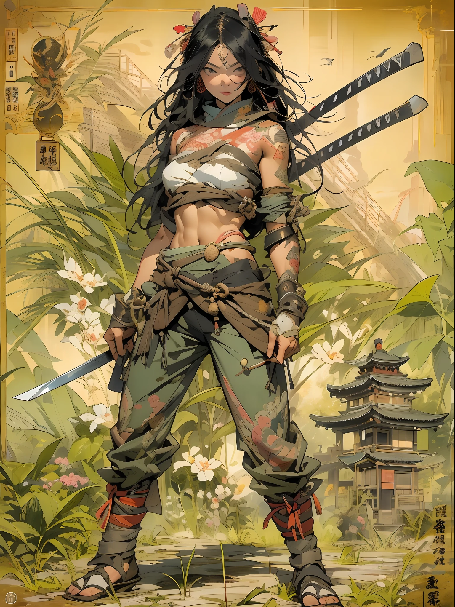 (((mulher))), (((melhor qualidade))), (((obra prima))), (((adulto))), ((( Japanese ))), view from the knee up, A beautiful Asian samurai woman with perfect body, Samurai Moderno, ((( Asian))), Hand with gloves and protection on the left arm made of steel and metal tips, olhos puxados, (( parte de baixo dos peitos aparecendo )), (( Tiny floss )), almost naked in Simon Bisley's urban wilderness style for a high-resolution poster, cabelo liso, Minimum clothing, armadura (roupas loucas ), cheio de pontas e rebites, tatuagem tribal, (((corpo inteiro))), cabelo preto liso com as pontas coloridas, Symbol of the rising sun