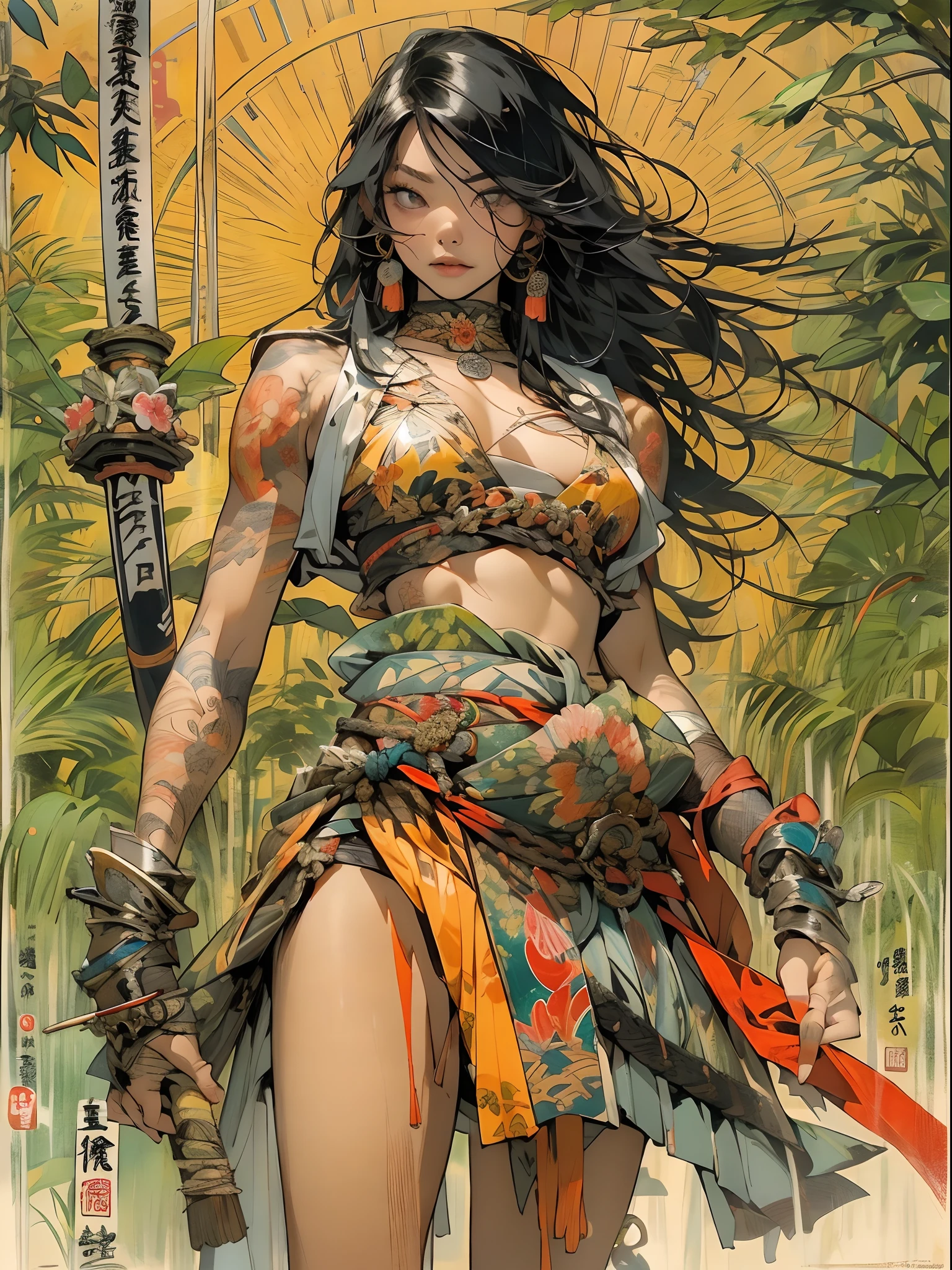 (((mulher))), (((melhor qualidade))), (((obra prima))), (((adulto))), ((( Japanese ))), view from the knee up, A beautiful Asian samurai woman with perfect body, Samurai Moderno, ((( Asian))), Hand with gloves and protection on the left arm made of steel and metal tips, olhos puxados, (( parte de baixo dos peitos aparecendo )), (( Tiny floss )), almost naked in Simon Bisley's urban wilderness style for a high-resolution poster, cabelo liso, Minimum clothing, armadura (roupas loucas ), cheio de pontas e rebites, tatuagem tribal, (((corpo inteiro))), cabelo preto liso com as pontas coloridas, Symbol of the rising sun