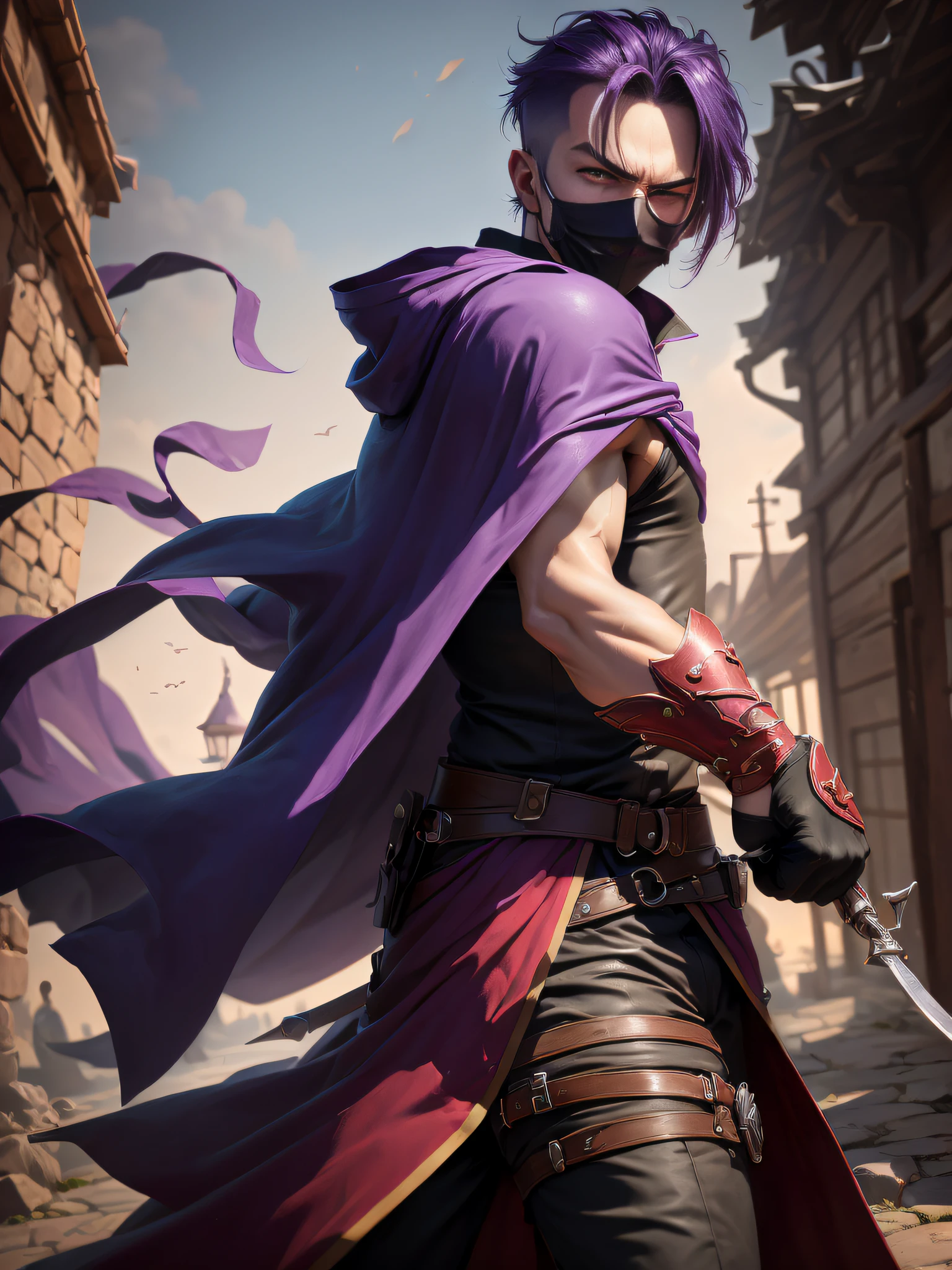 (((masutepiece, Best Quality, ultra-detailed))), (Male talented assassin, solo, fighting in acrobatic action, Unapproachable vibe, Serious, Perfect fingers, Perfect hands, Looking down to Viewer), 35 years old, (Medieval assassin costume, long assassin cloak, mouth mask, back hand), Medieval secret guild outside as background, moon lighting, From below, Dynamic Angle, Purple hair, Very short hair, Male face, villain's face, Forehead, male eyebrows, Male Eyes, sharp nose, adam's apple, (red sharp eyes), Red pupils glowing,