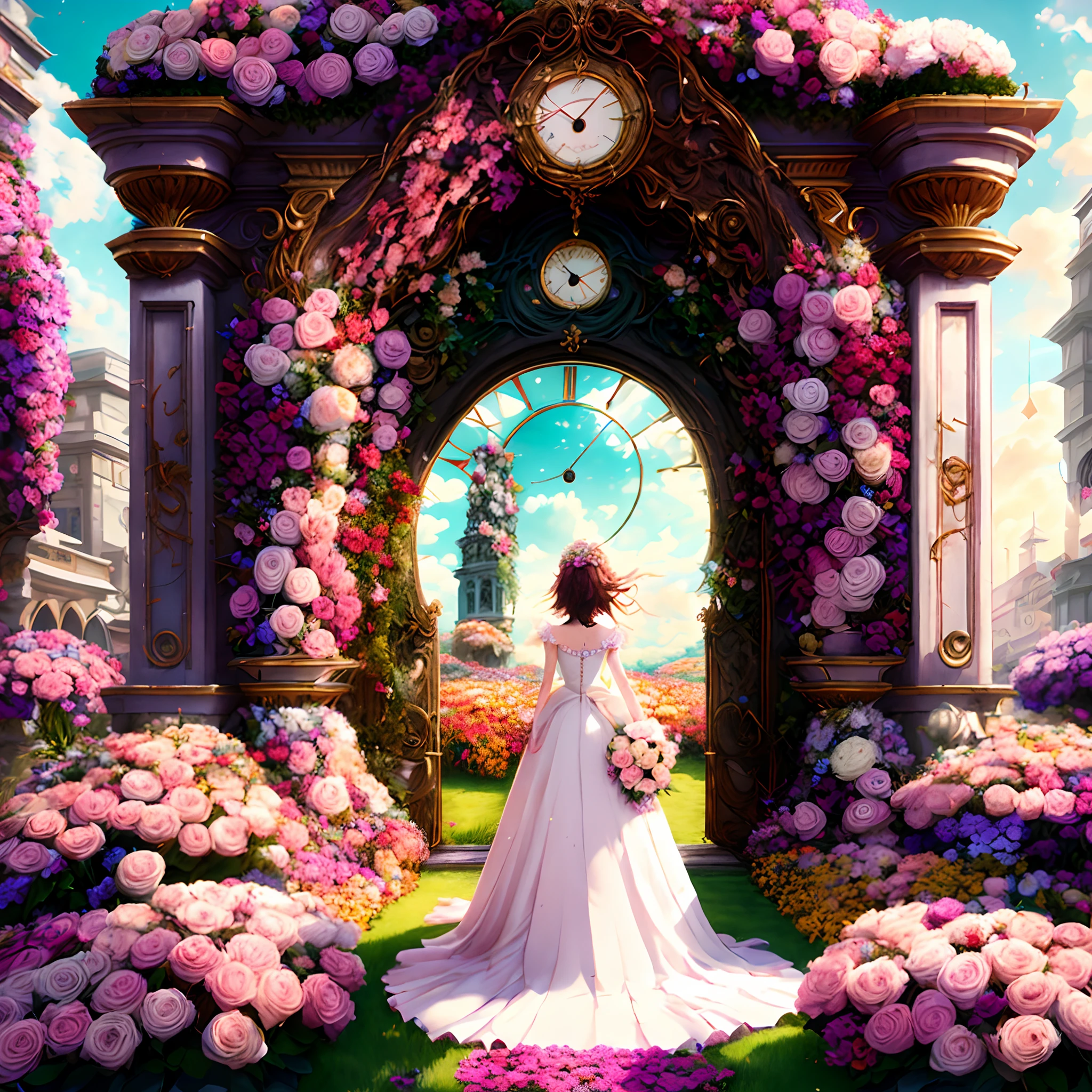 a picture(Flower Gateway Style:1)Huge clock tower in the middle of a flower garden、Solo, 1girl in,8K,masutepiece,Cute woman in wedding dress