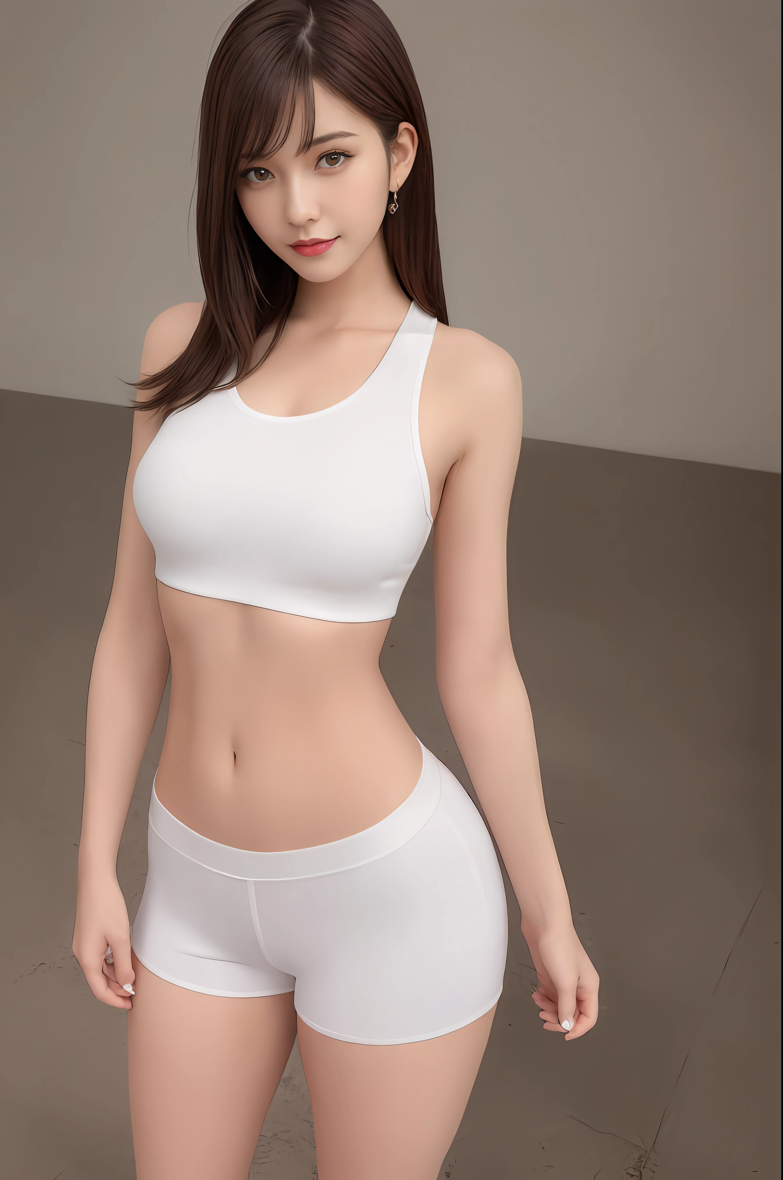 16k, ultra high res, best quality, high quality, masterpiece, professional photo of girl, RAW photo, realistic illustration, (ultra detailed eyes and face), (ultra detailed beautiful skin), solo photo, 1girl, standing, full body, 25yo, beautiful, Petite facial features, Super Detail Beautiful Natural Skin, natural makeup, 1woman, standing, cute and sexy, brown hair, short hair, asymmetrical bangs, evil smile, narrow waist, slender, (wide hips:1.2), asian woman in a white tank top and black shorts, photorealistic perfect body, realistic shaded perfect body, realistic (whit Tank top), (black bike shorts, low rise shorts), sultry body with sexy belly, hot with shining sun, brown hair and a perfect body, tifa lockhart