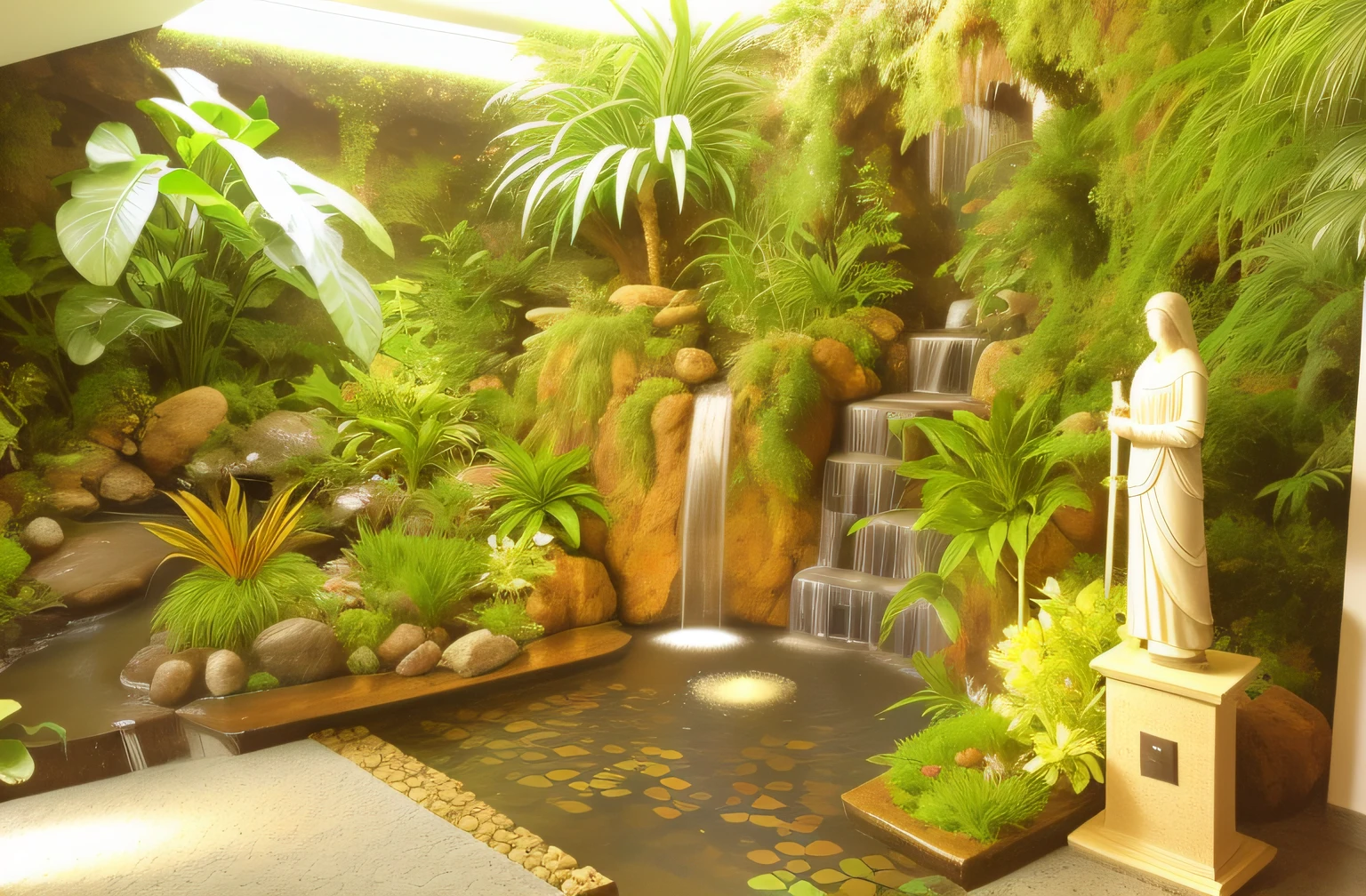 There is a statue of a woman in a garden next to a waterfall, Water flows inside the terrarium, Fotografia do Jardim Encantado, paredes da cachoeira, com um lago interior em miniatura, water feature, Lagoa de Koi, Caverna com Cachoeira, Theophanic atmospheric vivarium, ambiente do jardim, pleasant environment, stream flowing through the house, Atmosfera exuberante, Cachoeira pequena