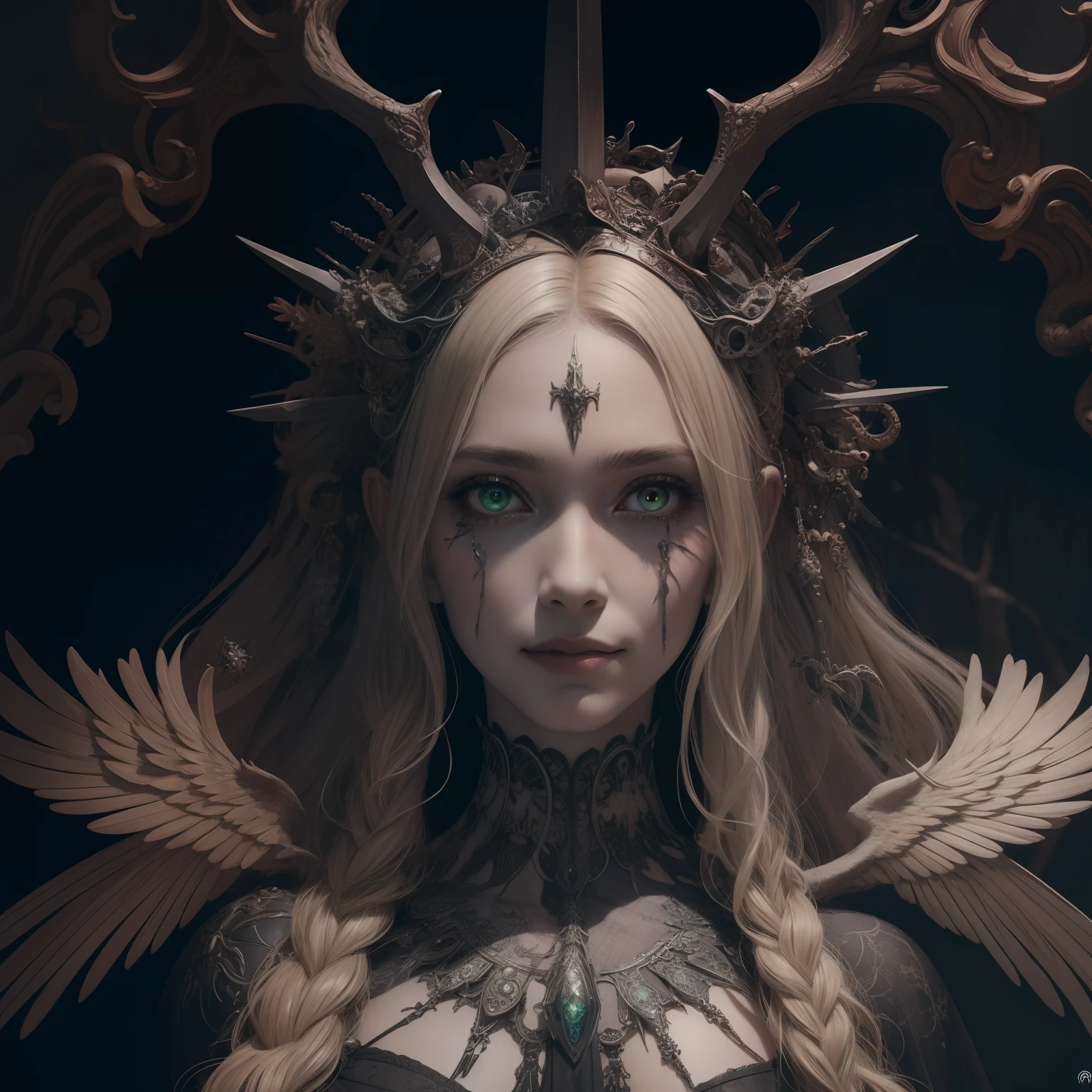 masterpiece, best quality, high quality, extremely detailed CG unity 8k wallpaper, portrait of a pagan goddess, antichrist, doomsday, holy, award winning photography, Photorealistic,extremely detailed, trending on artstation, trending on CGsociety, Intricate, High Detail, dramatic, art by midjourney, evil smile, horror art, dread, full body, ash blond, green eye