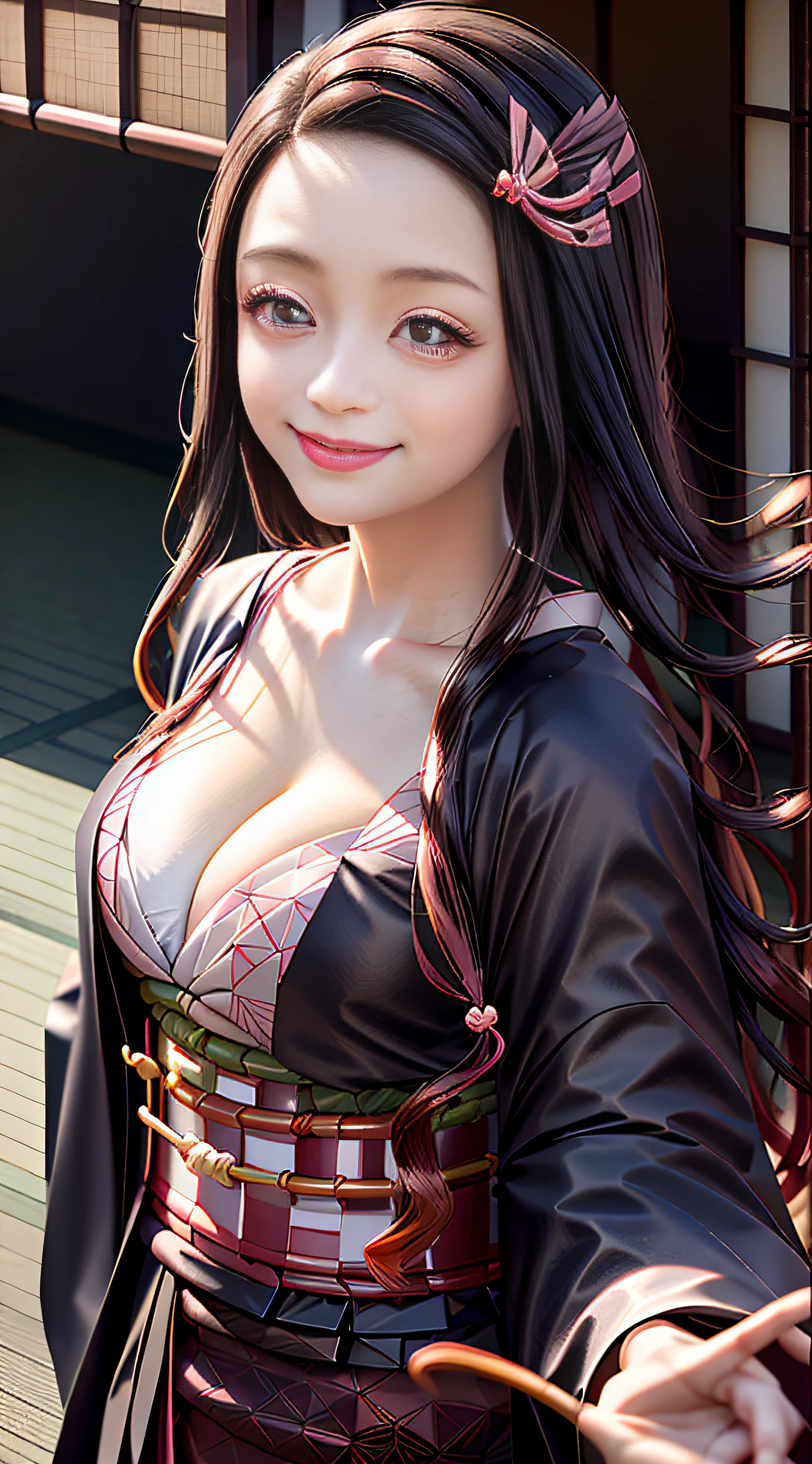 Wear a kimono well、(masutepiece: 1.2), Best Quality, masutepiece, High resolution, Original, Highly detailed wallpapers, (super detailing), (Best Illustration), (better shadows), (Nezuko), Smile, blusher,  (perspiring), Under the breasts,