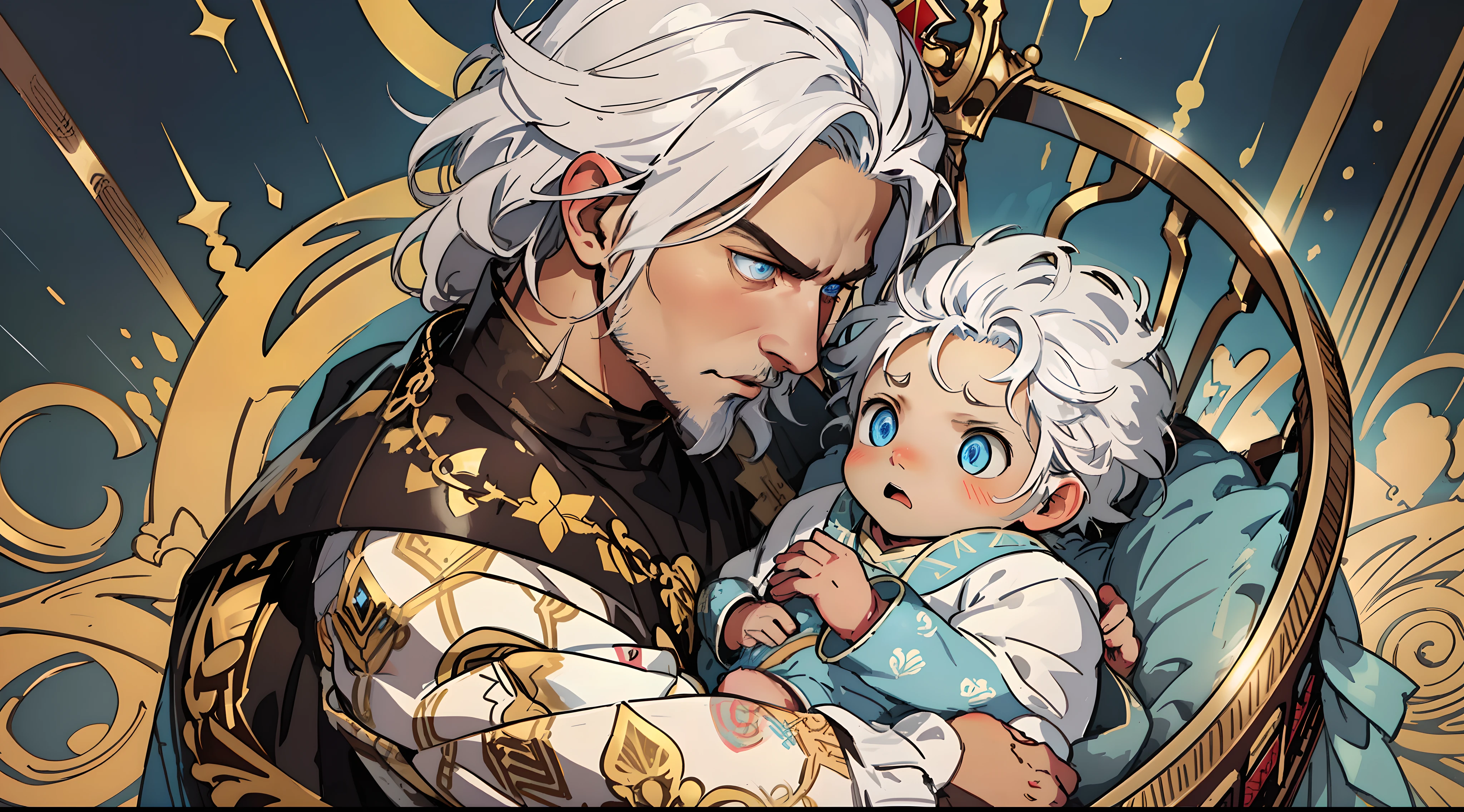 "Persian King with awe-struck expression looking at a newborn baby in a beautifully adorned basket, baby with ethereal white hair and mesmerizing blue eyes, king showcasing genuine surprise." King's hair is brown