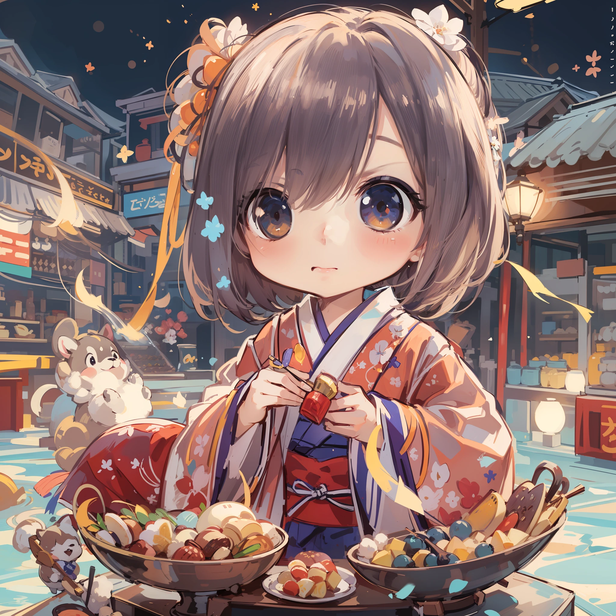 Chibi:1.8,Komono,Girl in Yukata,Blowing in the wind,Summer Festivals,natta,food stand,Spirit Stream,Big  Fireworks:1.7,poneyTail,(masutepiece: 1.3), (exquisite detailing: 1.2), Delicate and beautiful details, (Eye Detail), (Facial Detailed), (Highest Quality) :1.4), (Hyper-Resolution: 1.2), (very detailed illustration),Best Quality,depth of fields, Wide light, natural shadows