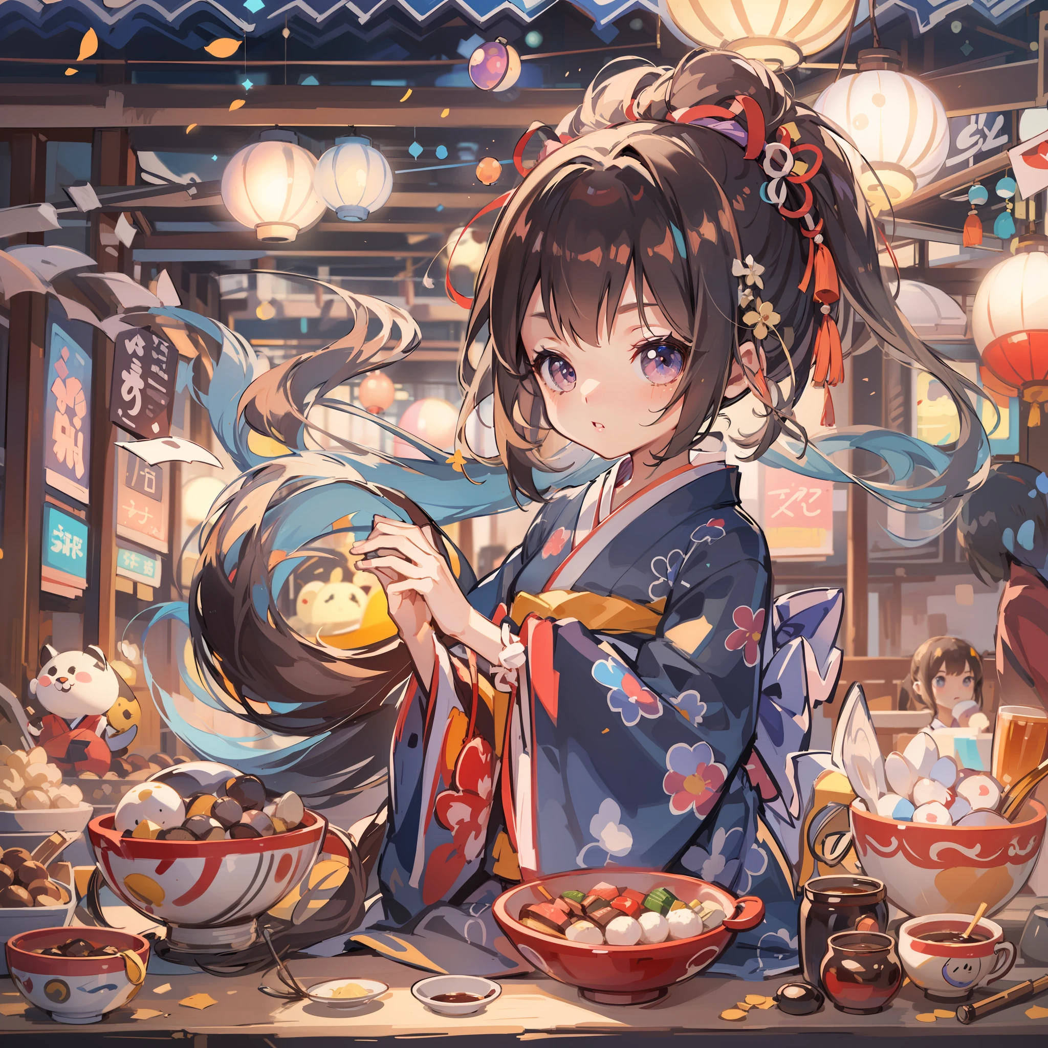 Chibi:1.8,Komono,Girl in Yukata,Blowing in the wind,Summer Festivals,natta,food stand,Spirit Stream,Big  Fireworks:1.7,poneyTail,(masutepiece: 1.3), (exquisite detailing: 1.2), Delicate and beautiful details, (Eye Detail), (Facial Detailed), (Highest Quality) :1.4), (Hyper-Resolution: 1.2), (very detailed illustration),Best Quality,depth of fields, Wide light, natural shadows