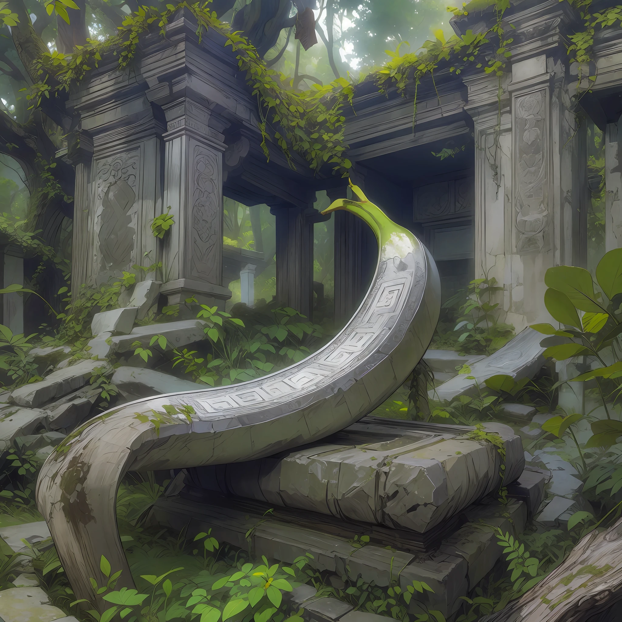 A silver banana on an ancient thrown in an ancient temple overgrown with nature and vines