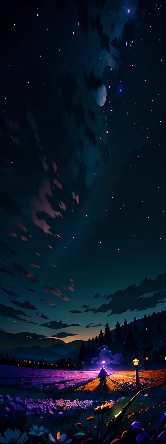 Expansive landscape photograph,(look from down,Above is the sky,Below are open fields),A girl standing on a flower field looking up,(moon full:1.2),(meteors:0.9),(Starcloud:1.3),Far Mountain, Tree BREAK making art,(Warm light source:1.2),(glowworm:1.2),lamp lights,Lots of purple and orange,Complicated details,Volumetric lighting BREAK(tmasterpiece:1.2),(best qualtiy),4k,ultra - detailed,(dynamic compositions:1.4),detail-rich,plethora of colors,(Irridescent color:1.2),(with light glowing,Atmospheric lighting),dream magical,magical,(独奏:1.2)Stars shine,