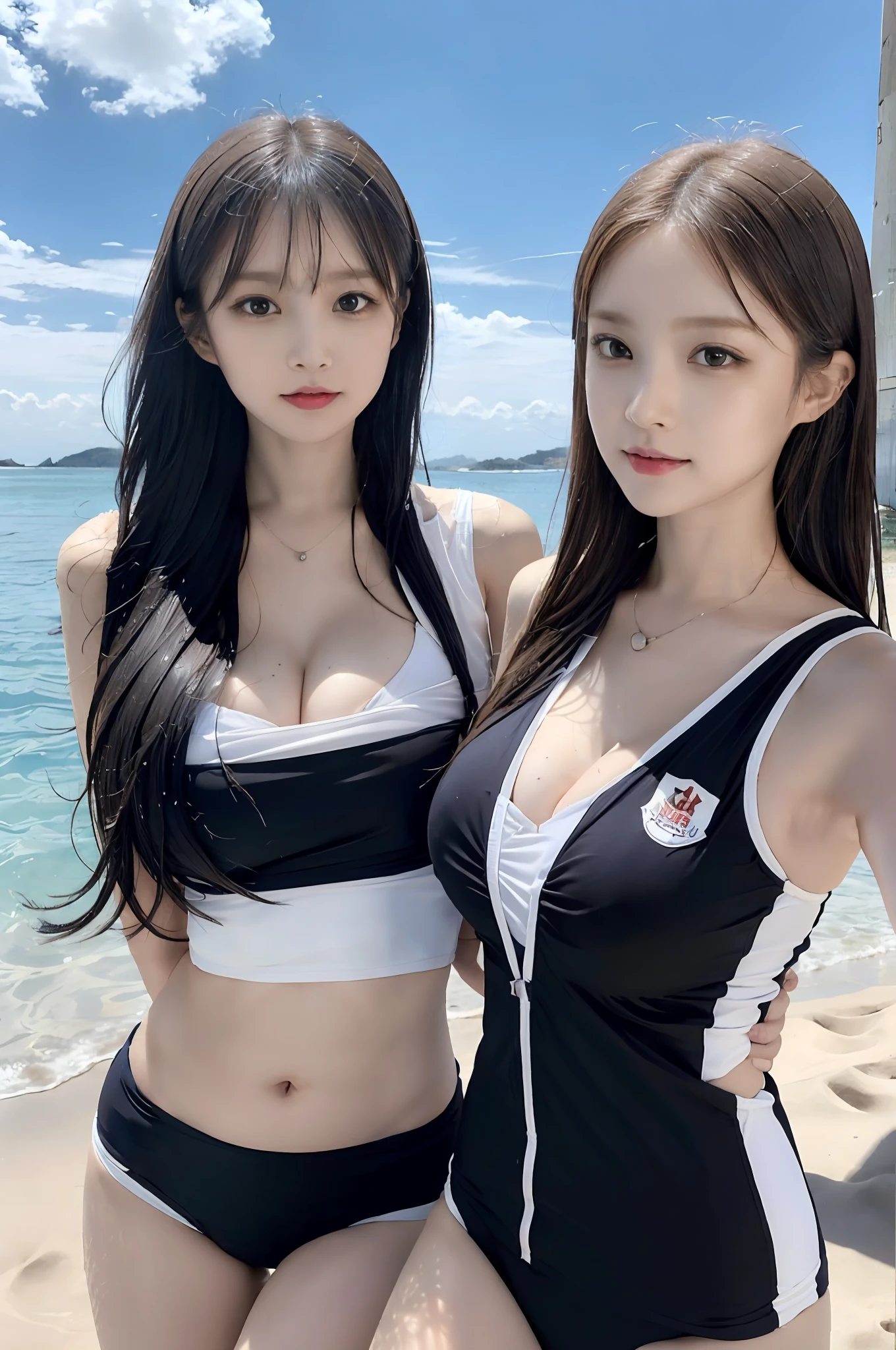 (2girls:1.1), sitting at seat, on the beach, school uniform, a school bag, shirt,raw photo,
(from below:1.2),  1girl looking over her shoulder,1girl in、beautiful japanese female、Thin rag、(stick out buttocks:1.2)、finerly detailed face、shorth hair,(gigantic breasts, cleavage:1.2),(swimming race suit :1.3), (cameltoe),cute,kawaii,wet,from behind, backshot,, 1girl looking over her shoulder,