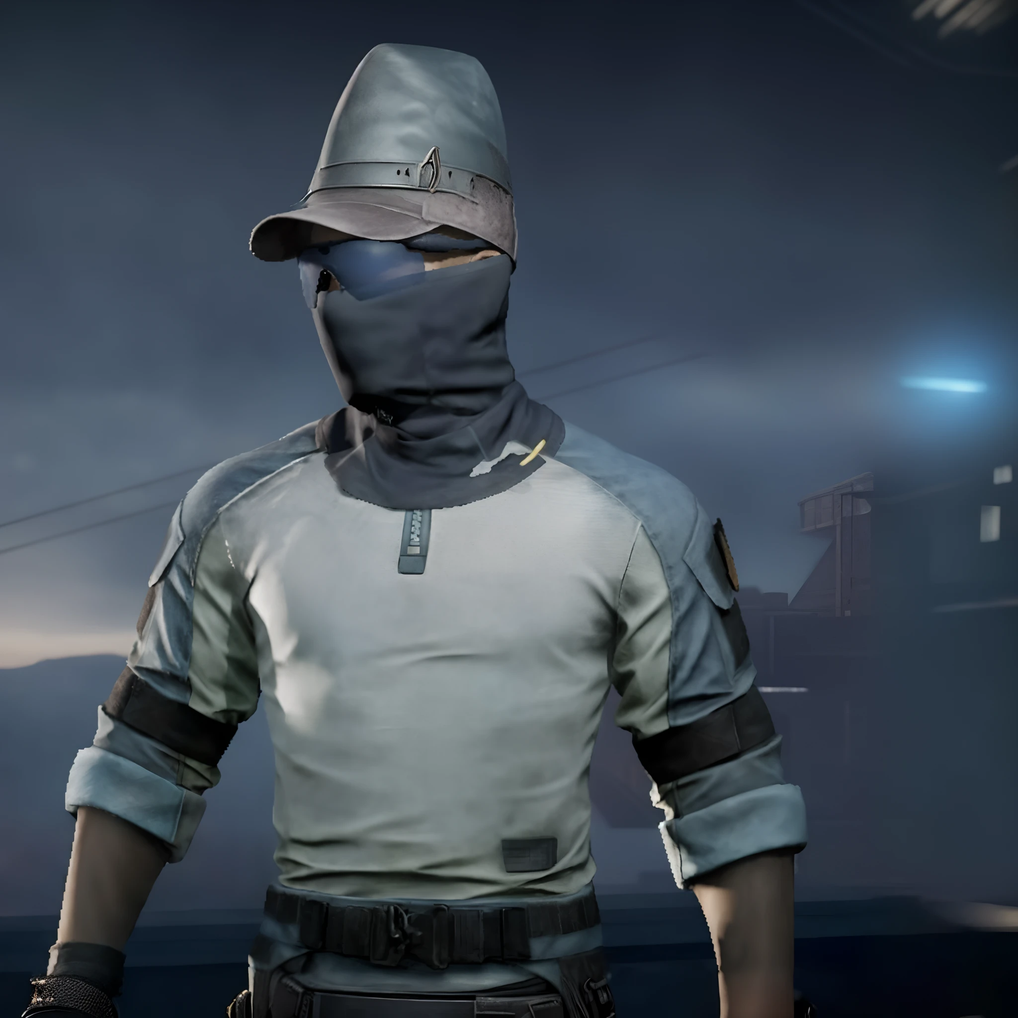 Arad man in gray shirt and gray hat, stealth suit, dark visor covering face, in a dark space mercenary outfit, dark visor covering top of face, dark visor covering eyes, Aiden Pierce, blacksmith's outfit, soldier outfit, unreal engine character art, futuristic clothing and helmet, clear outfit design, （Tarkov）, videogame character