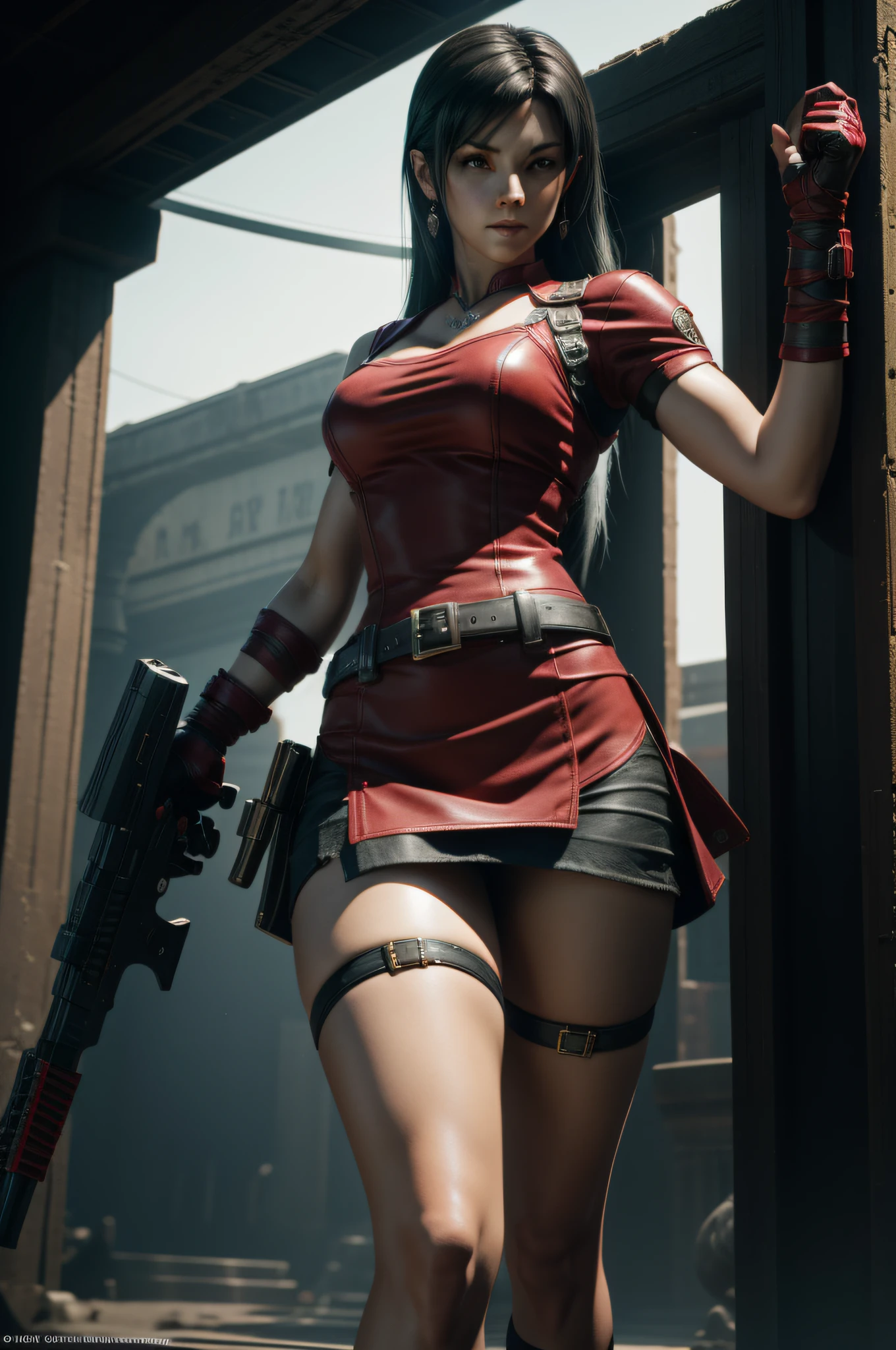 There was a woman in a red dress holding a pistol, ff Tifa,The thighs have black bandages,rendered in sfm, succubus in tight kilt, Tifa Lockhart with white hair, unreal engine rendered + A goddess, cinematic goddess body shot, 3 D rendering character art 8 K, red and cinematic lighting, crimson attire, Art germ ; 3d unreal engine, elegant cinematic pose