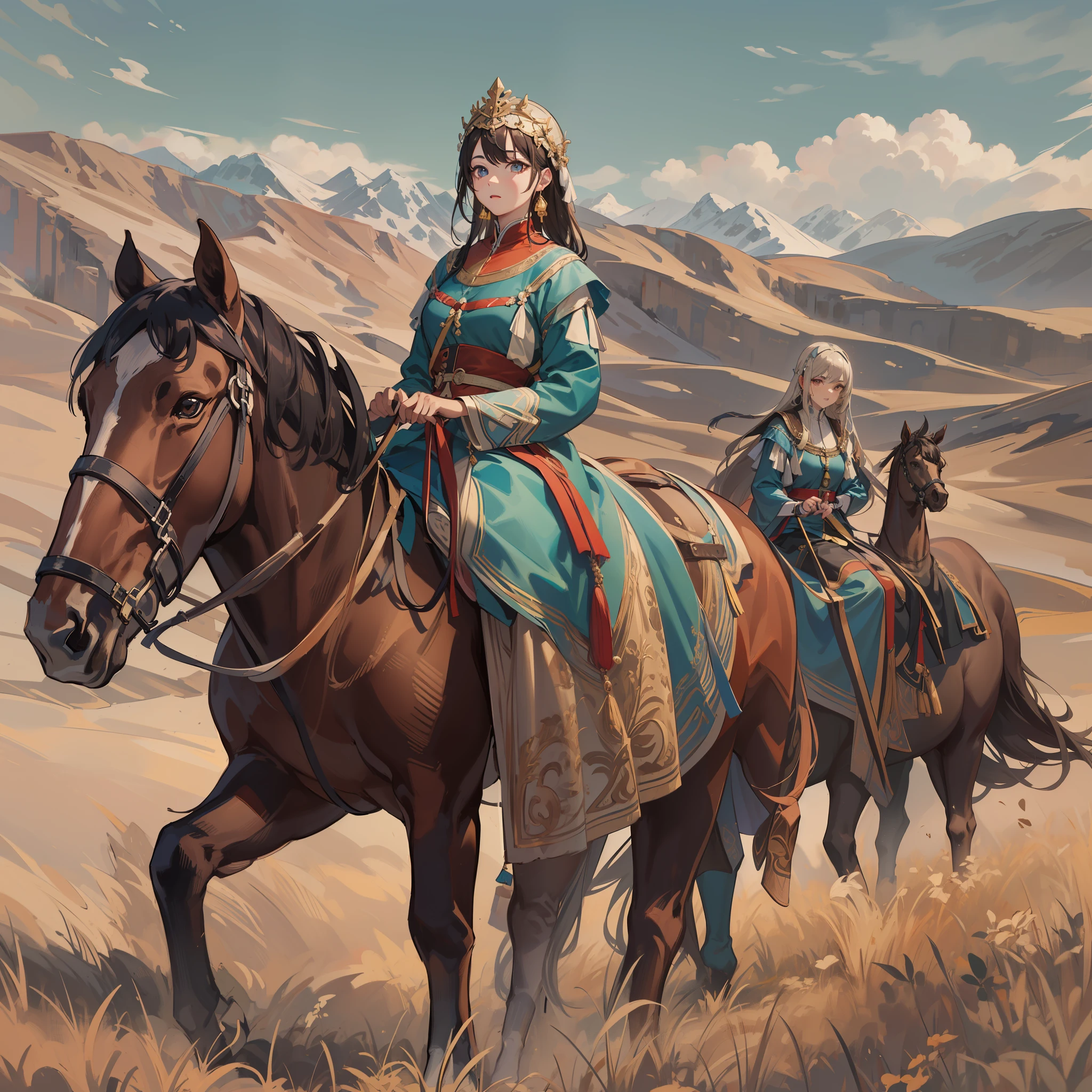 Medieval Central Asian national costume:1.2,low angle:1.5,high angle of view:1.8,Medieval Central Asian nomads:1.5,One Horse and One Girl:1.3,Dynamic horses,Undulating lakes,(4K), (Raw photo: 1.2), (Realism: 1.4), (masutepiece: 1.3), (exquisite detailing: 1.2), Delicate and beautiful details, (Eye Detail), (Facial Detailed), (Highest Quality) :1.4), (Hyper-Resolution: 1.2),(very detailed illustration), Best Quality, depth of fields, Wide light, natural shadows