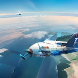 Eight-engine aircraft with propeller and jet engines、High-altitude flight over a beautiful lake、with winglets、wings with a large aspect ratio、