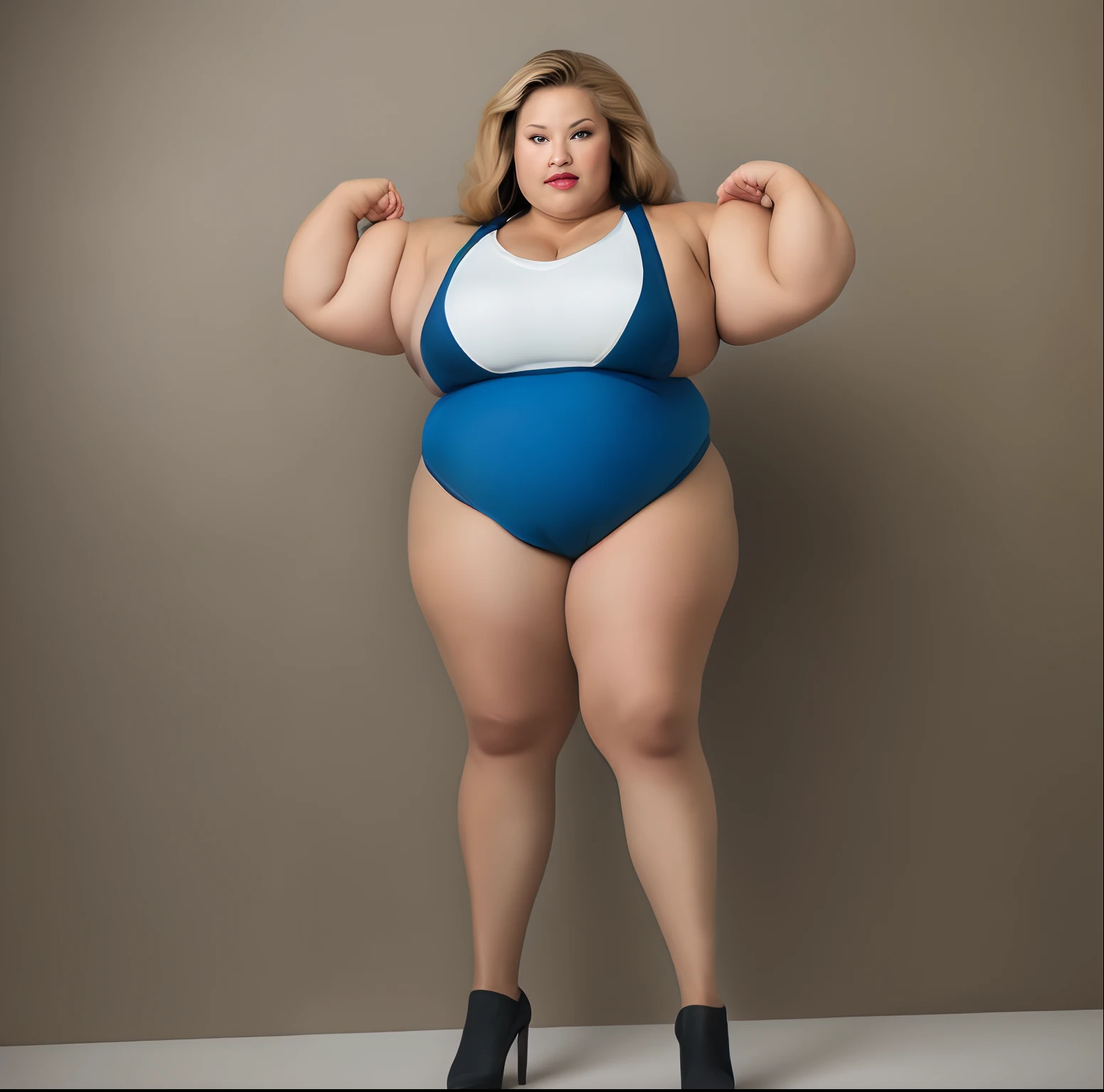 Black stockings fat woman，blonde with blue eyes，musculature