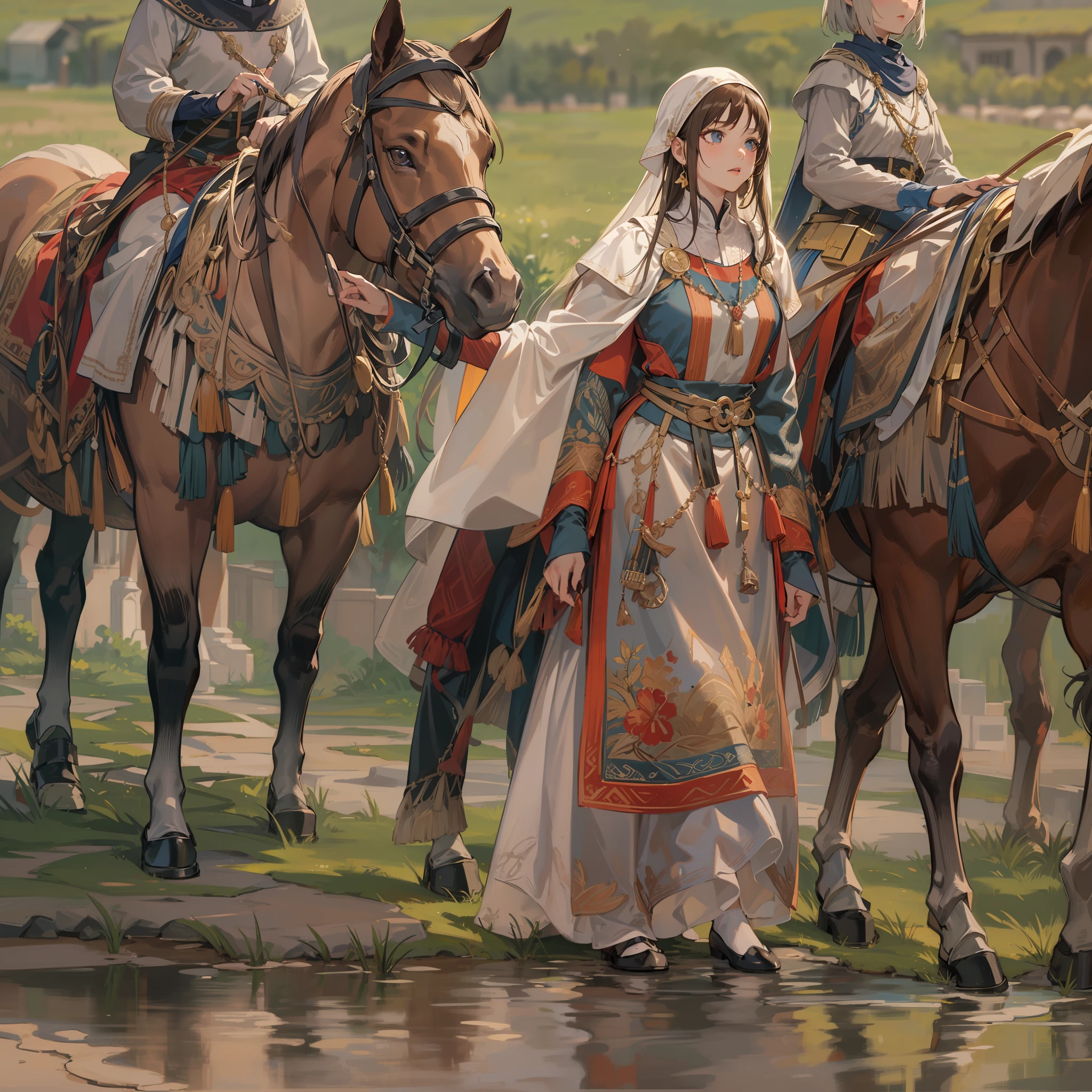 Medieval Central Asian national costume:1.2,low angle:1.5,high angle of view:1.8,Medieval Central Asian nomads:1.5,One Horse and One Girl:1.3,Dynamic horses,Undulating lakes,(4K), (Raw photo: 1.2), (Realism: 1.4), (masutepiece: 1.3), (exquisite detailing: 1.2), Delicate and beautiful details, (Eye Detail), (Facial Detailed), (Highest Quality) :1.4), (Hyper-Resolution: 1.2),(very detailed illustration), Best Quality, depth of fields, Wide light, natural shadows