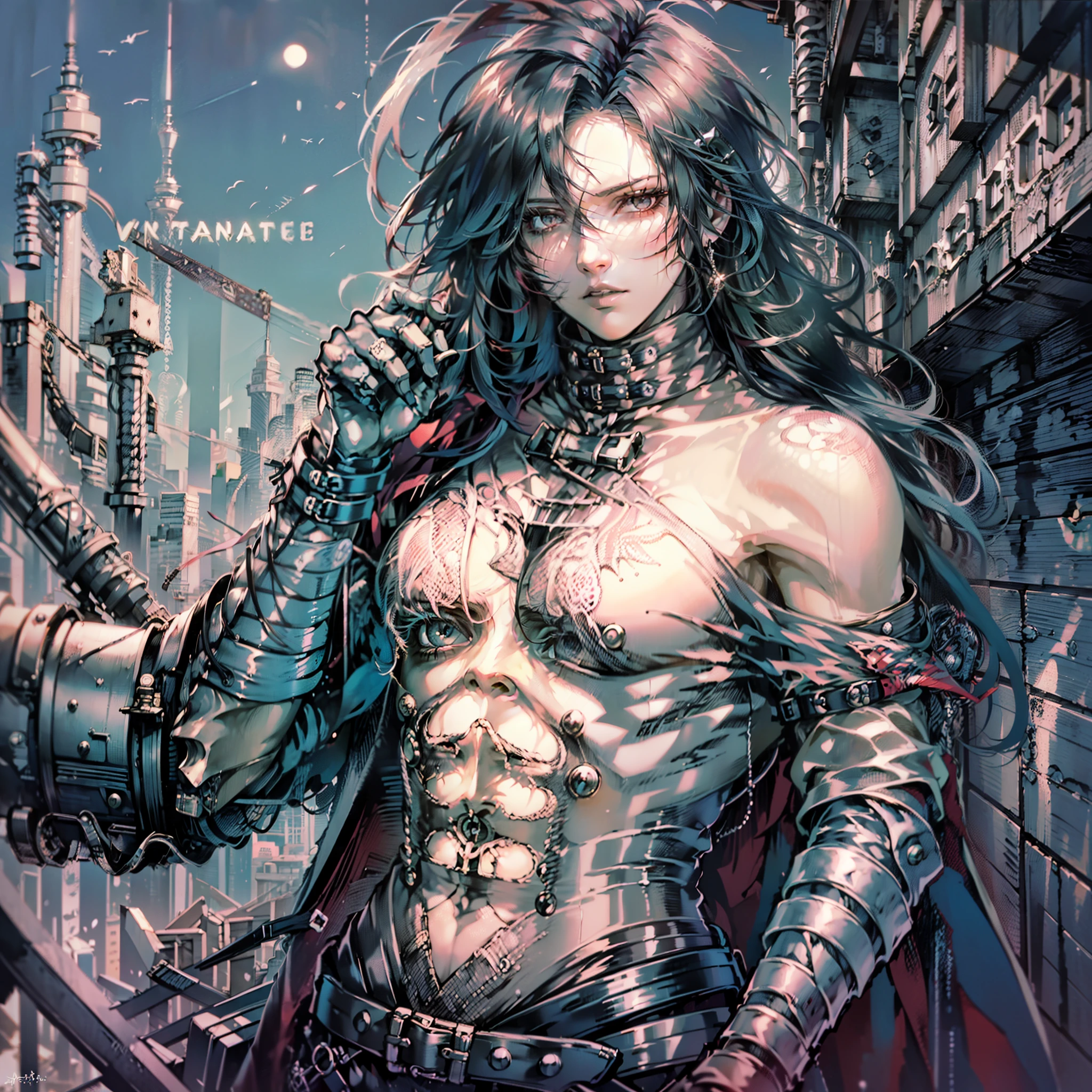 Final fantasy ((vincent valentine)), hombre, pose badass, ((combat pose)) revolver, ((abs)), atractivo, chico joven, hermoso, mirada penetrante, ojos rojos, en ciudad, tejados oscuros nocturnos, noche con luna, detalles absurdos,