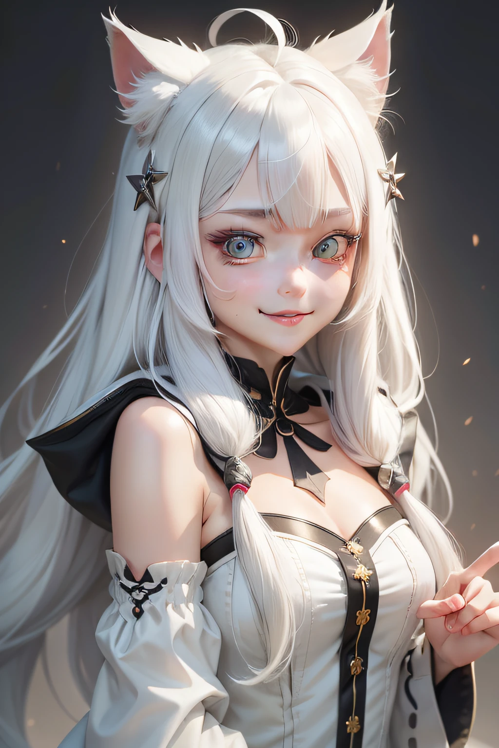 white hair, bangs, ahoge, hair over shoulder, very long hair, shiny hair, hairpin, forehead jewel, hair bobbles, animal hood, mole under mouth, cat hair ornament, multiple hair bows, mismatched pupils, aqua eyes, cat ears, smile, fingersmile, tongue out, smiley, naughty, anime style, depth of field, textured skin