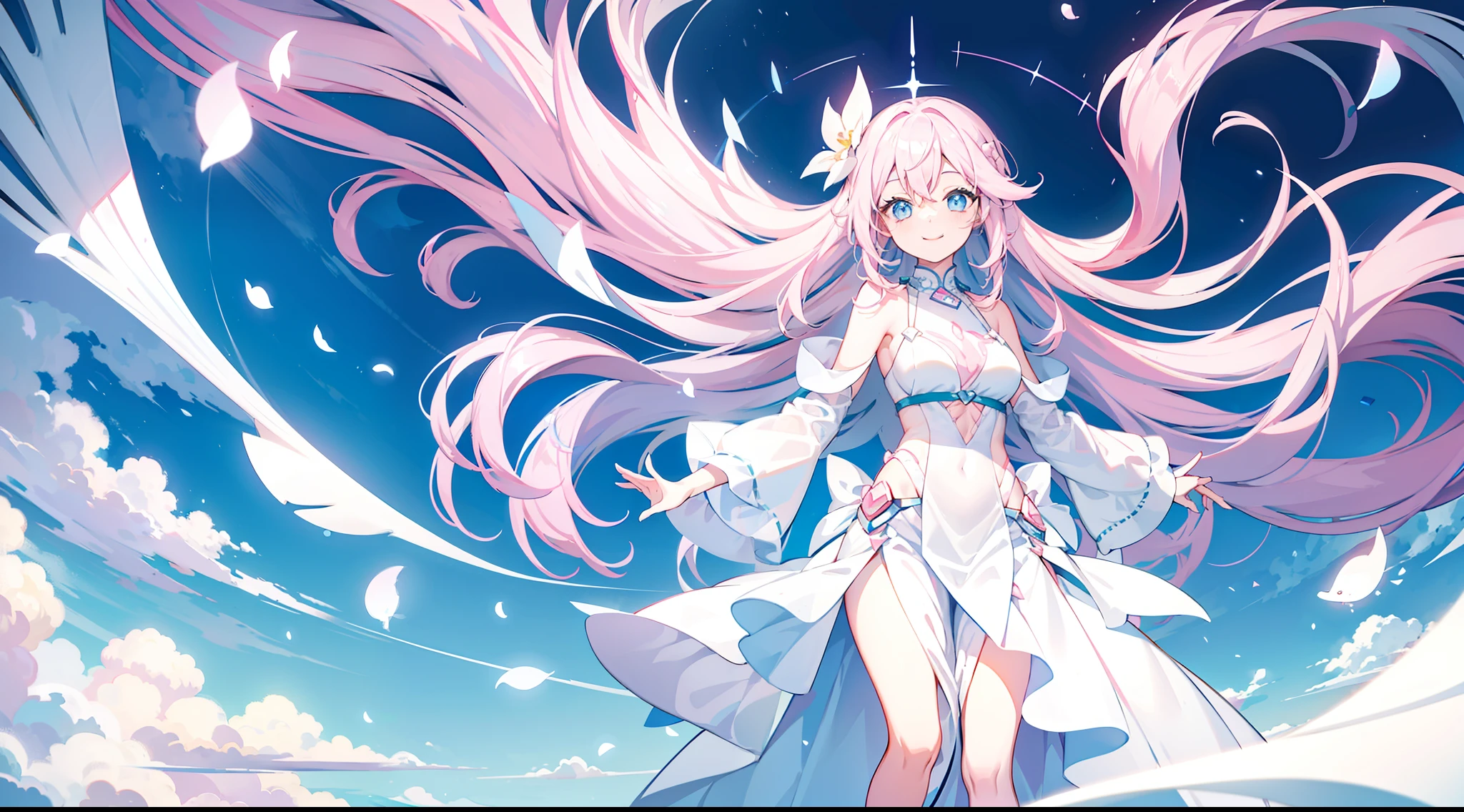 Smiling girl，Powder blue eyes，Long pale pink hair，Long hair that reaches the waist，The background is a pastel pink sky，There are fish floating in suspension，Sideslit，white dresses