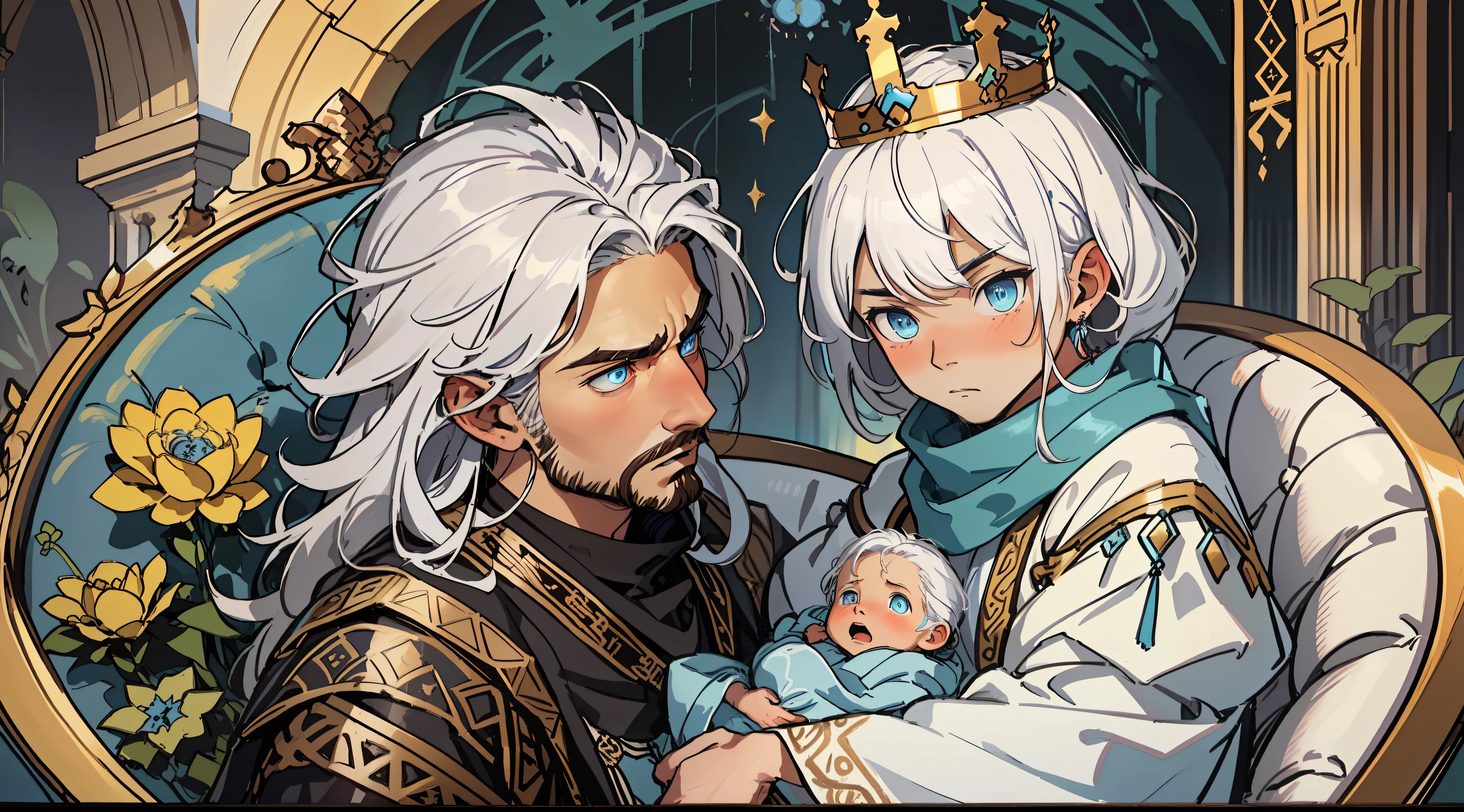 "Persian King and queen with awe-struck expression looking at a newborn baby in a beautifully adorned basket, baby with ethereal white hair and mesmerizing blue eyes, king showcasing genuine surprise King's hair is brown."