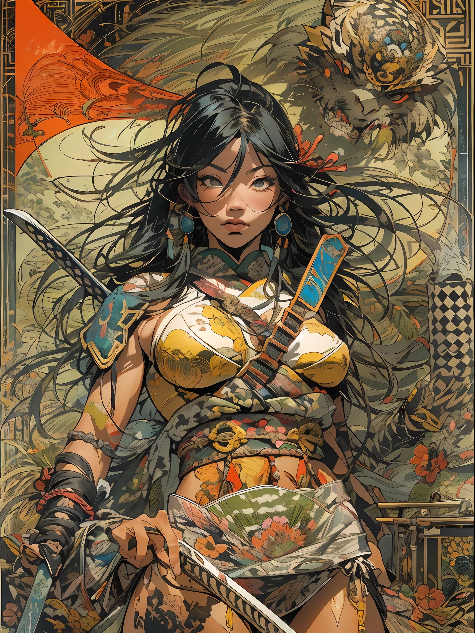 (((mulher))), (((melhor qualidade))), (((obra prima))), (((adulto))), ((( Japanese ))), view from the knee up, A beautiful Asian samurai woman with perfect body, Samurai Moderno, ((( Asian))), Hand with gloves and protection on the left arm made of steel and metal tips, olhos puxados, (( parte de baixo dos peitos aparecendo )), (( Tiny floss )), almost naked in Simon Bisley's urban wilderness style for a high-resolution poster, cabelo liso, Minimum clothing, armadura (roupas loucas ), cheio de pontas e rebites, tatuagem tribal, (((corpo inteiro))), cabelo preto liso com as pontas coloridas, Symbol of the rising sun