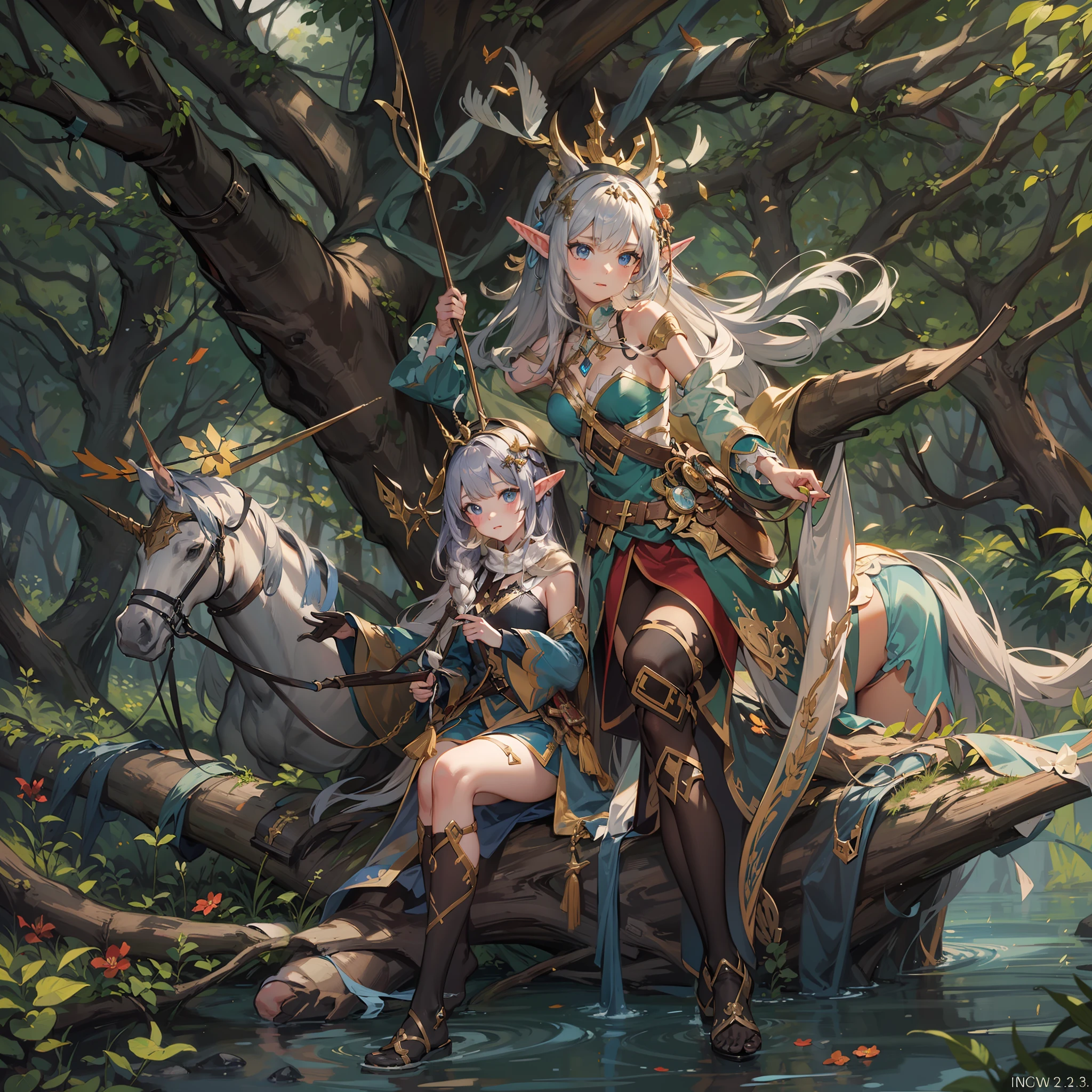 fallen wood,Elves with compound bows:1.5,Elf with a bow:1.5,arrow,low angle:1.5,high angle of view:1.8,hunter:1.2,One unicorn:1,3, One Girl and One Fairy:1.8,Undulating lakes,deep-forest,Blowing in the wind,Has depth,(4K), (Raw photo: 1.2), (Realism: 1.4), (masutepiece: 1.3), (exquisite detailing: 1.2), Delicate and beautiful details, (Eye Detail), (Facial Detailed), (Highest Quality) :1.4), (Hyper-Resolution: 1.2),(very detailed illustration), Best Quality, depth of fields, Wide light, natural shadows