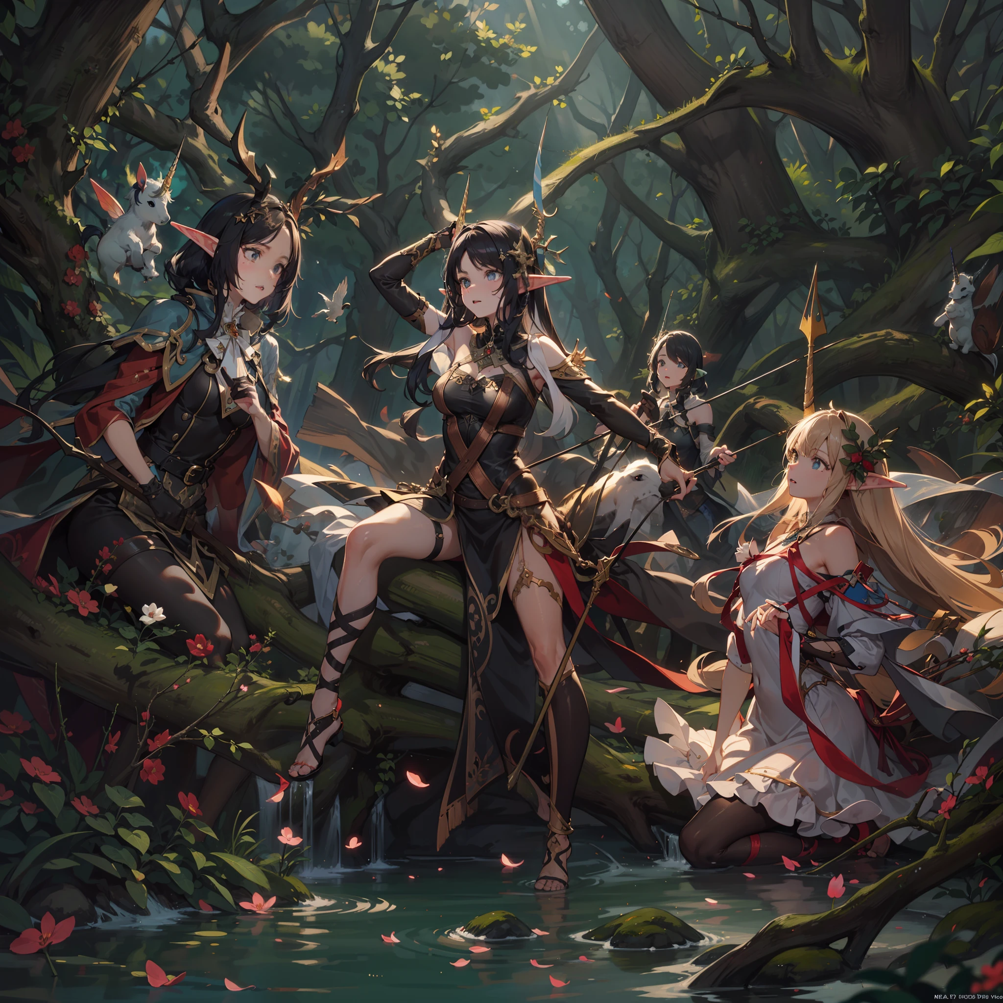fallen wood,Elves with compound bows:1.5,Elf with a bow:1.5,arrow,low angle:1.5,high angle of view:1.8,hunter:1.2,One unicorn:1,3, One Girl and One Fairy:1.8,Undulating lakes,deep-forest,Blowing in the wind,Has depth,(4K), (Raw photo: 1.2), (Realism: 1.4), (masutepiece: 1.3), (exquisite detailing: 1.2), Delicate and beautiful details, (Eye Detail), (Facial Detailed), (Highest Quality) :1.4), (Hyper-Resolution: 1.2),(very detailed illustration), Best Quality, depth of fields, Wide light, natural shadows