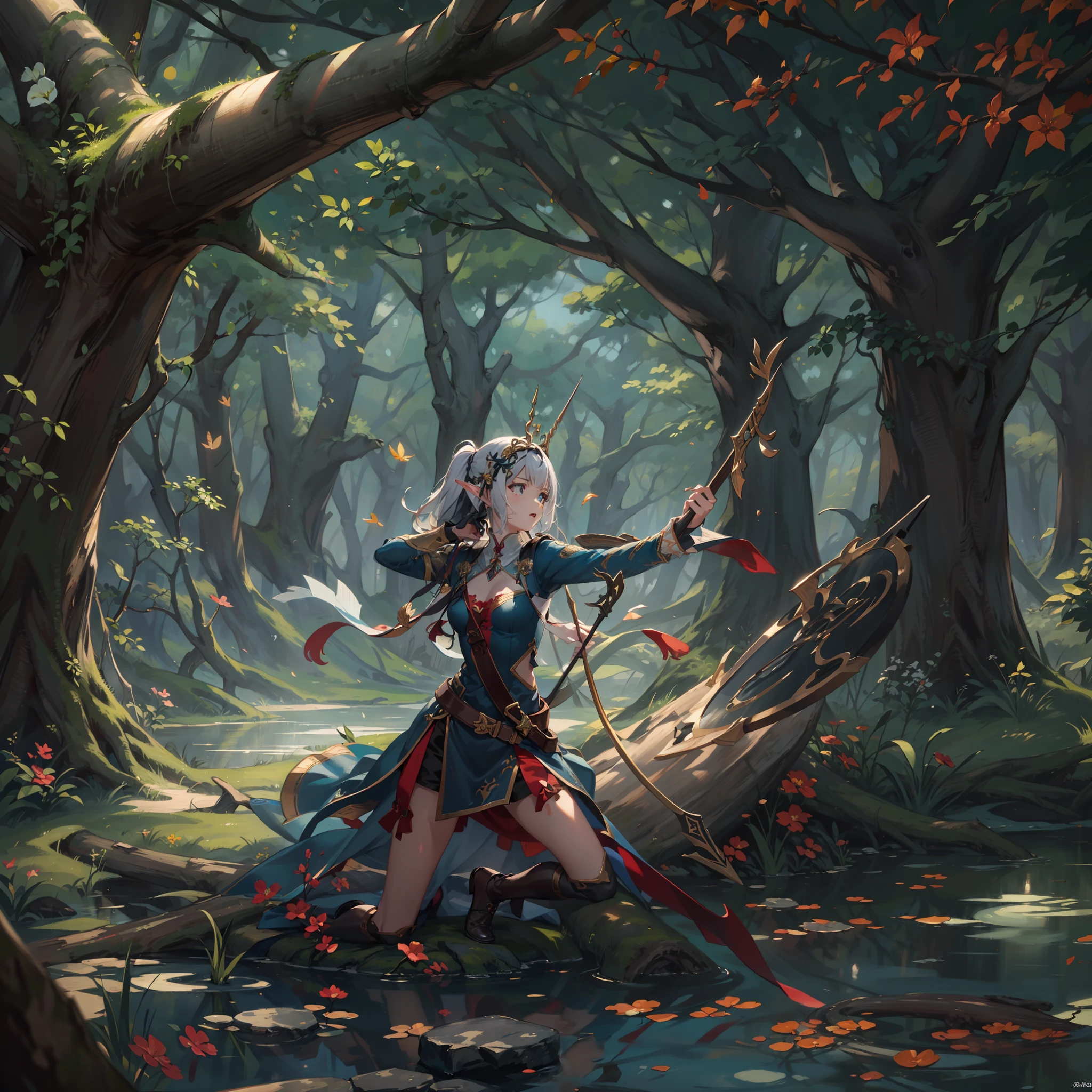 fallen wood,Elves with compound bows:1.5,Elf with a bow:1.5,arrow,low angle:1.5,high angle of view:1.8,hunter:1.2,One unicorn:1,3, One Girl and One Fairy:1.8,Undulating lakes,deep-forest,Blowing in the wind,Has depth,(4K), (Raw photo: 1.2), (Realism: 1.4), (masutepiece: 1.3), (exquisite detailing: 1.2), Delicate and beautiful details, (Eye Detail), (Facial Detailed), (Highest Quality) :1.4), (Hyper-Resolution: 1.2),(very detailed illustration), Best Quality, depth of fields, Wide light, natural shadows