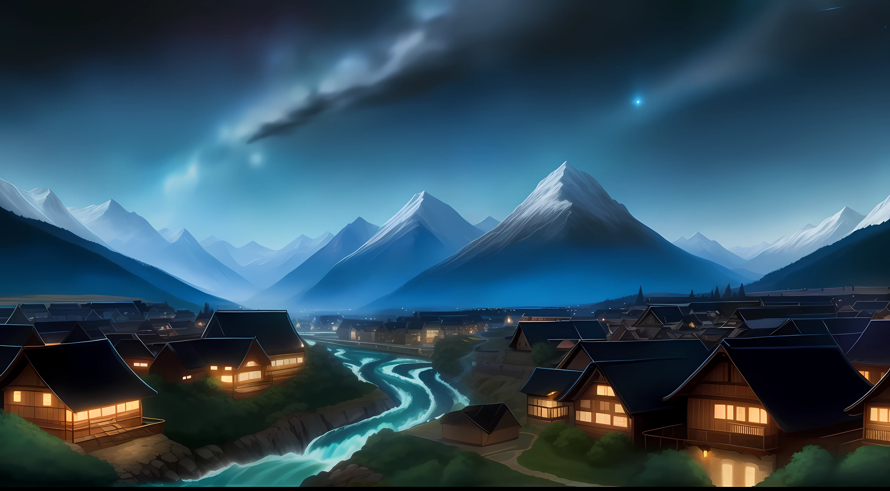 Starry sky, mountains and rivers gather in the middle, flowing water, villages, anime style