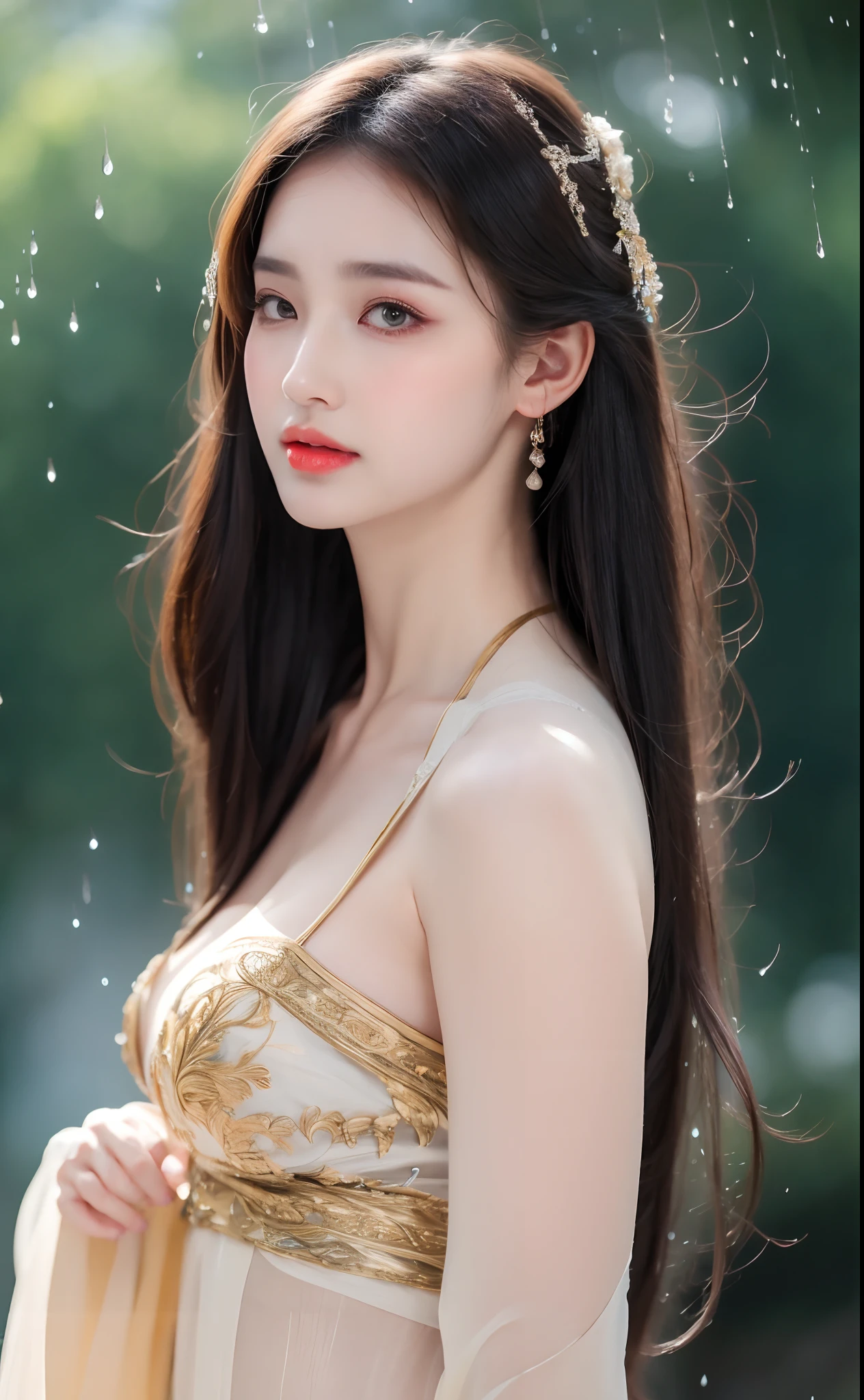 ((Best Quality, 8k, Masterpiece: 1.3)), Focus: 1.2, Perfect Body Beauty: 1.4, Buttocks: 1.2, ((Layered Haircut)), (Wet Clothes: 1.1), (Rain, Street:1.3), (Breasts: 1.2), (Hanfu: 1.2), Bare Shoulders, Bare Legs, Highly Detailed Face and Skin Texture, Fine Eyes, Double Eyelids, Whitened Skin, Long Hair, (Shut Up: 1.5), (Bokeh Background: 1.5), Big Breasts