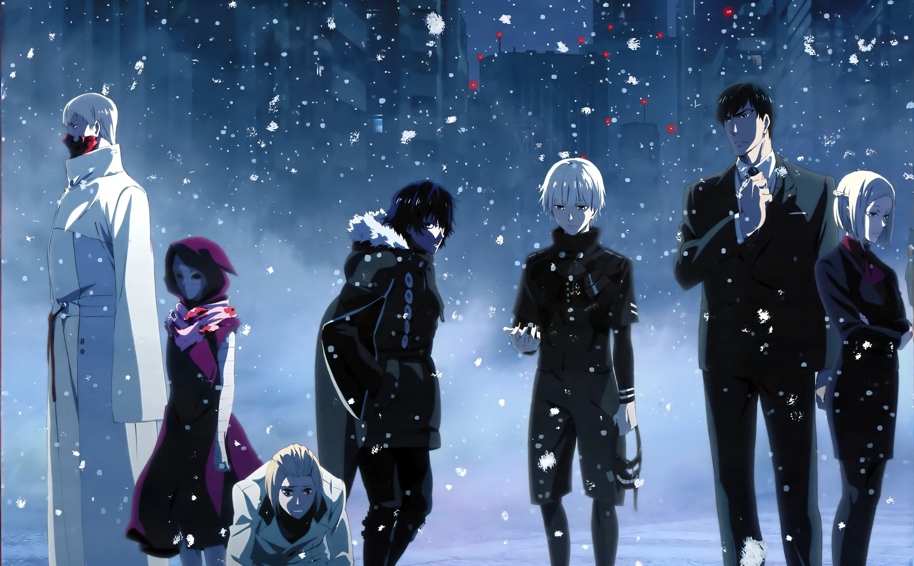 Anime characters stand in a row with dogs in the snow, Tokyo Ghoul, gits anime, fate/Zero, Best anime 4k konachan wallpaper, fate zero, modern sci-fi anime, high-quality picture, anime land of the lustrous, 2b, 2 b, jormungand anime, gits, 4k manga wallpapers