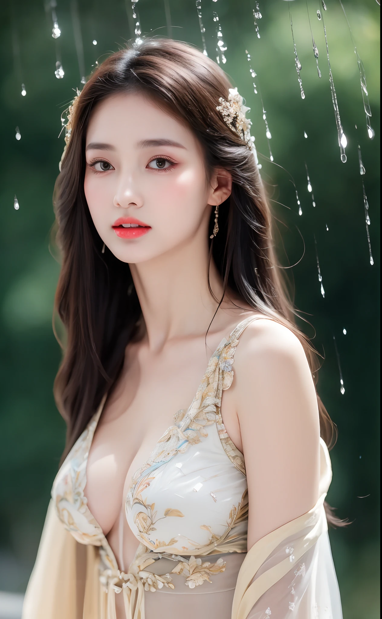 ((Best Quality, 8k, Masterpiece: 1.3)), Focus: 1.2, Perfect Body Beauty: 1.4, Buttocks: 1.2, ((Layered Haircut)), (Wet Clothes: 1.1), (Rain, Street:1.3), (Breasts: 1.2), (Hanfu: 1.2), Bare Shoulders, Bare Legs, Highly Detailed Face and Skin Texture, Fine Eyes, Double Eyelids, Whitened Skin, Long Hair, (Shut Up: 1.5), (Bokeh Background: 1.5), Big Breasts