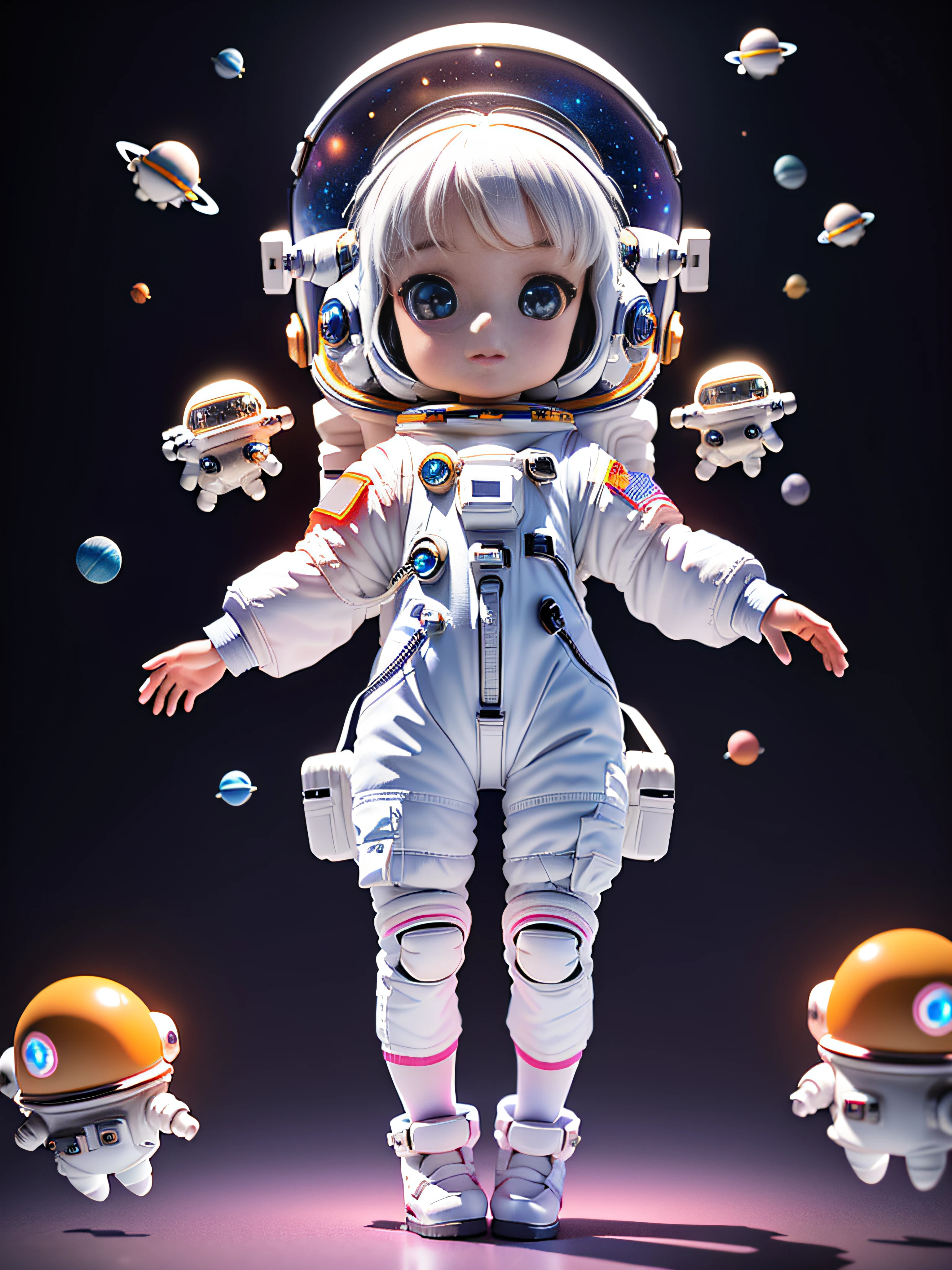 Super cute girl full body 3D picture, 1pc, good looking eyes, big eyes, cute, happy, c4d, pop matt blind box, white long hair, glowing bubbles, toys, solid color background, chibi, fluorescent translucency, luminous body, kawaii, doll, (((astronaut, spacesuit))), reference table, pop mart blind box, Pixar, complex details, 3d rendering, blender, OC renderer, fol body reference sheet, Dribble, High Details, 8K, Studio Lighting, Loli, Petite, Child, Chibi, SD characters: 1.1, Magic Space Warehouse background