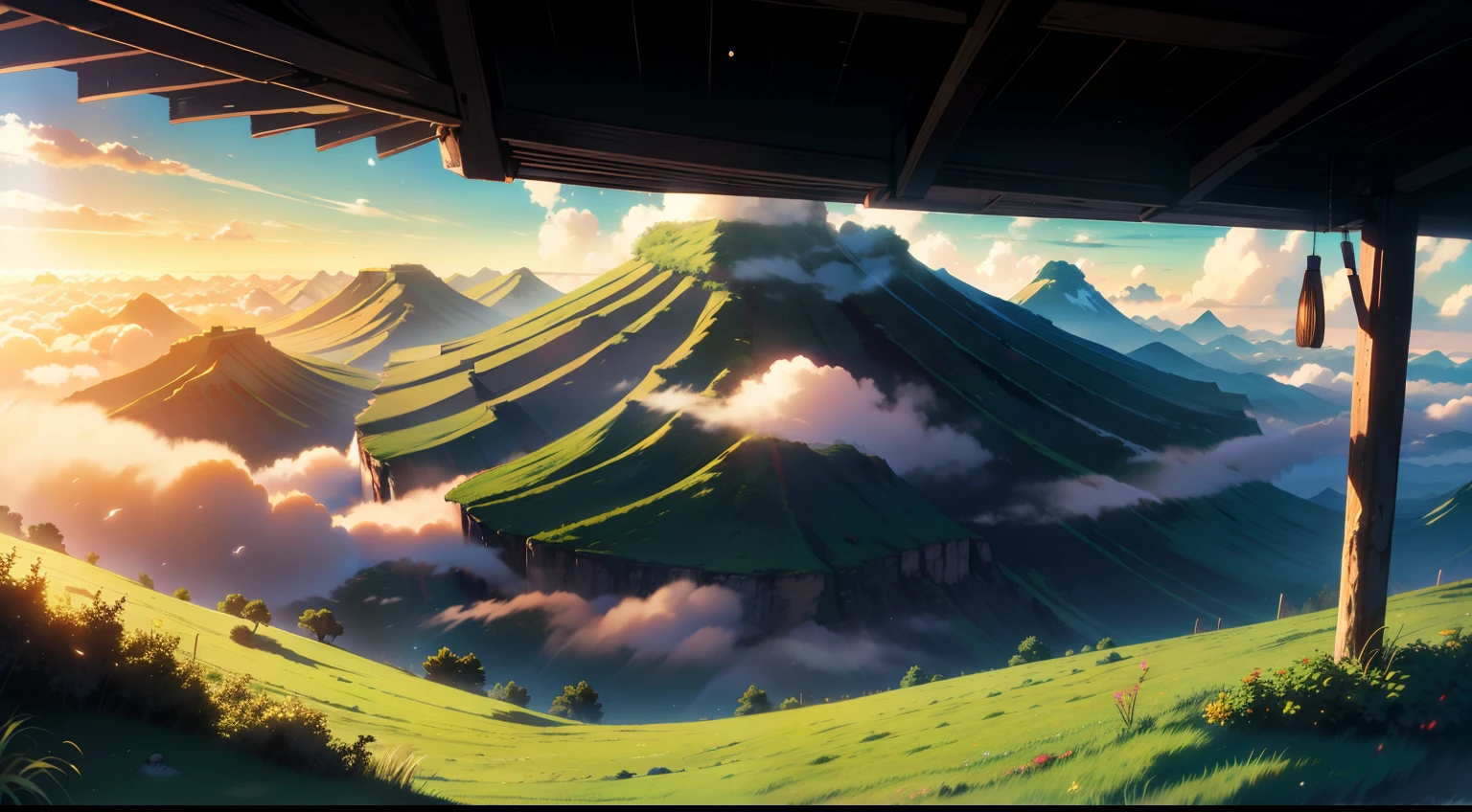 clouds,mont,The Great Rift Valley in the center,grass field,There is no water,In the daytime,down view,Black mist emanating from inside and out of the Great Rift Valley,