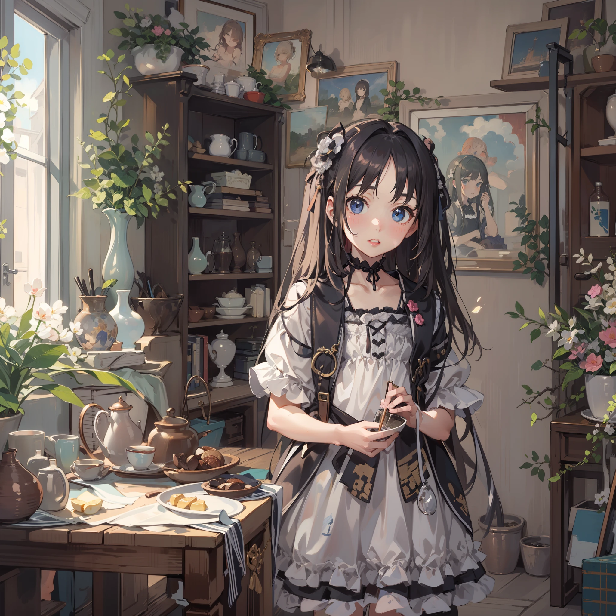very cute female child:1.1,10 yo,Gothic Lolita:1.8, Barefoot,livingroom:1.5,Summer,day, Long hair,flat chest,Wind,Drooping sweat:1.1,(4K), (Raw photo: 1.2), (Realism: 1.4), (masutepiece: 1.3), (exquisite detailing: 1.2), Delicate and beautiful details, (Eye Detail), (Facial Detailed), (Highest Quality) :1.4), (Hyper-Resolution: 1.2),(very detailed illustration), Best Quality,depth of fields, Wide light, natural shadows