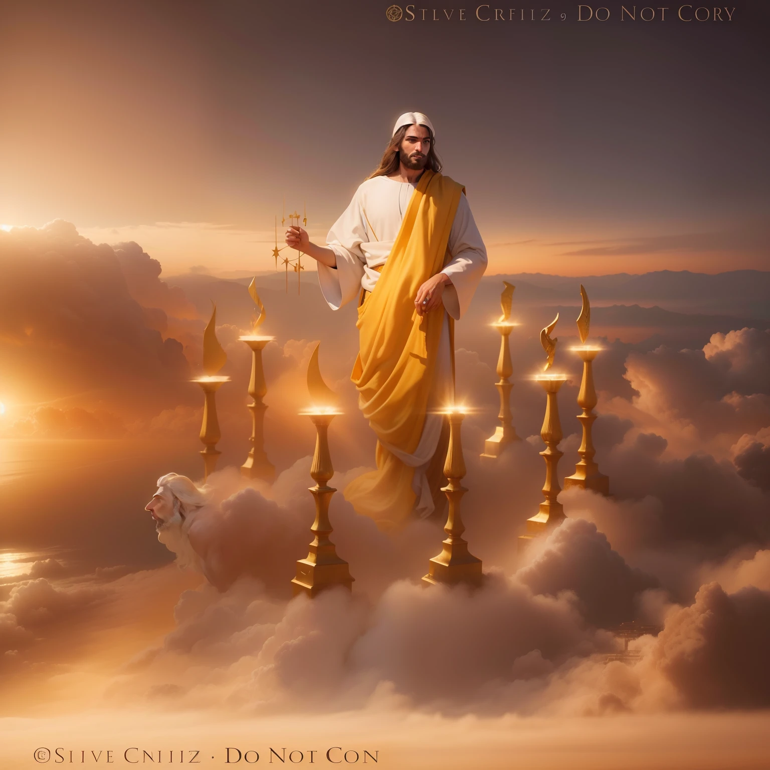 Jesus Cristo com cabelos brancos com aspecto resplandecente como o sol andando no meio de Candeeiros de Ouro puro lindo e dourado. Image with very high lighting quality, Very high resolution image, image with very high coloration, imagem realista, imagem hiperdetalhada