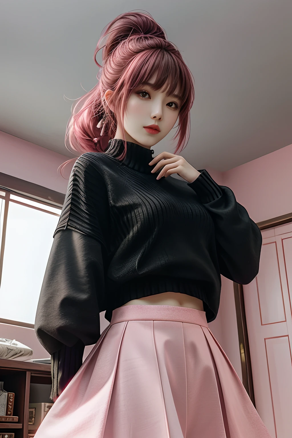 tmasterpiece, Best quality at best, 1girl, from below, underboobs, mediuml breasts, pink long skirt, Extra short sweater, brunette color hair, 黑The eye,Chinese woman,Bottom-up perspective,Home,High ponytail,