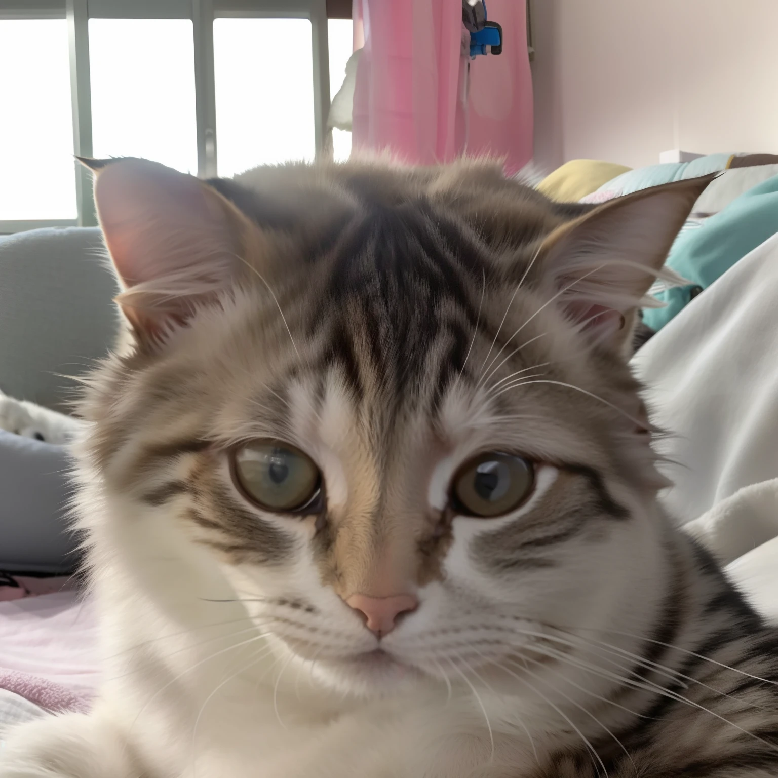 there is a cat that is laying down on a bed,There were blankets, photo of a cat, look straight at the camera, She is facing the camera, lovingly looking at camera, She has a cute face, A cute cat, look straight at the camera, look straight at the camera, april photo, looking towards camera, is looking at the camera, look straight at the camera