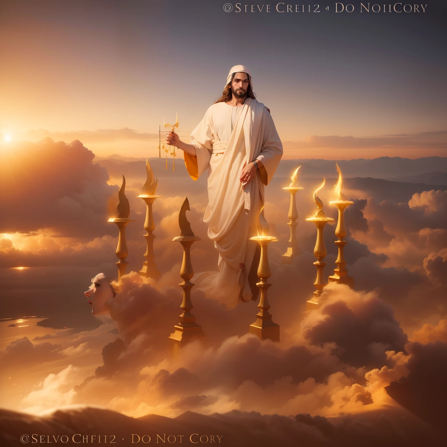 Jesus Cristo com cabelos brancos com aspecto resplandecente como o sol andando no meio de Candeeiros de Ouro puro lindo e dourado. Image with very high lighting quality, Very high resolution image, image with very high coloration, imagem realista, imagem hiperdetalhada