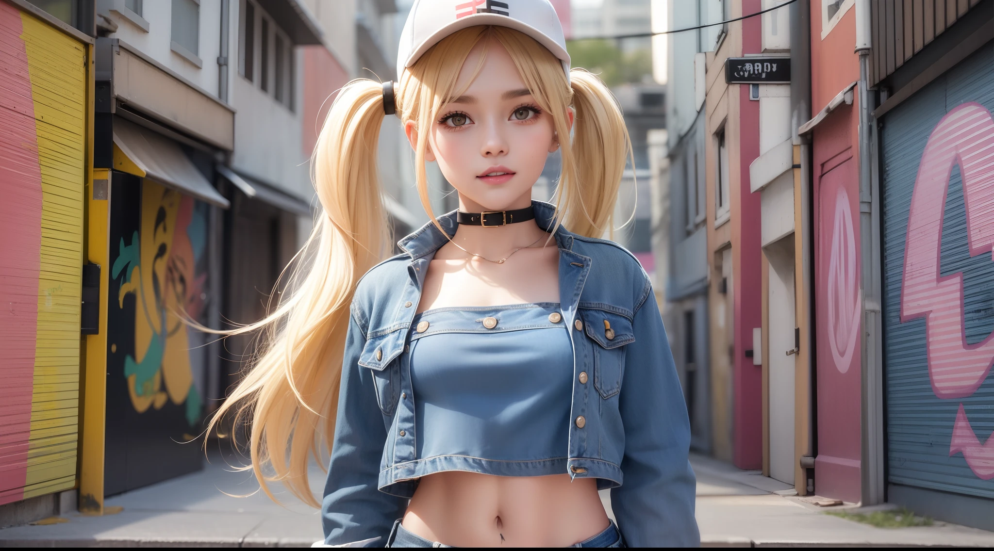 Original Character, Volumetric Lighting, Best Shadows, Shallow Depth of Field, Portrait Of Stunningly Beautiful Girl, Petite, Delicate Beautiful Attractive Face With Alluring Yellow Eyes, Messy Painted Face, Sharp Eyebrows, Broadly Smiling, Open Mouth, Fangs Out, Lovely Medium Breasts, Layered Long Twintail Blond Hair, Blush Eyeshadow, Thick Eyelashes, Applejack Hat, Oversized Pop Jacket, Mini Underboob Tee, Open Navel, Slim Waist, Denim Jeans Pants, With Buckle Belt, In The Graffiti Alley, Waste Container, Outside Stairs, Outdoor Unit, Standing, (Highest Quality, Amazing Details:1.25), (Solo:1.3), Brilliant Colorful Paintings
