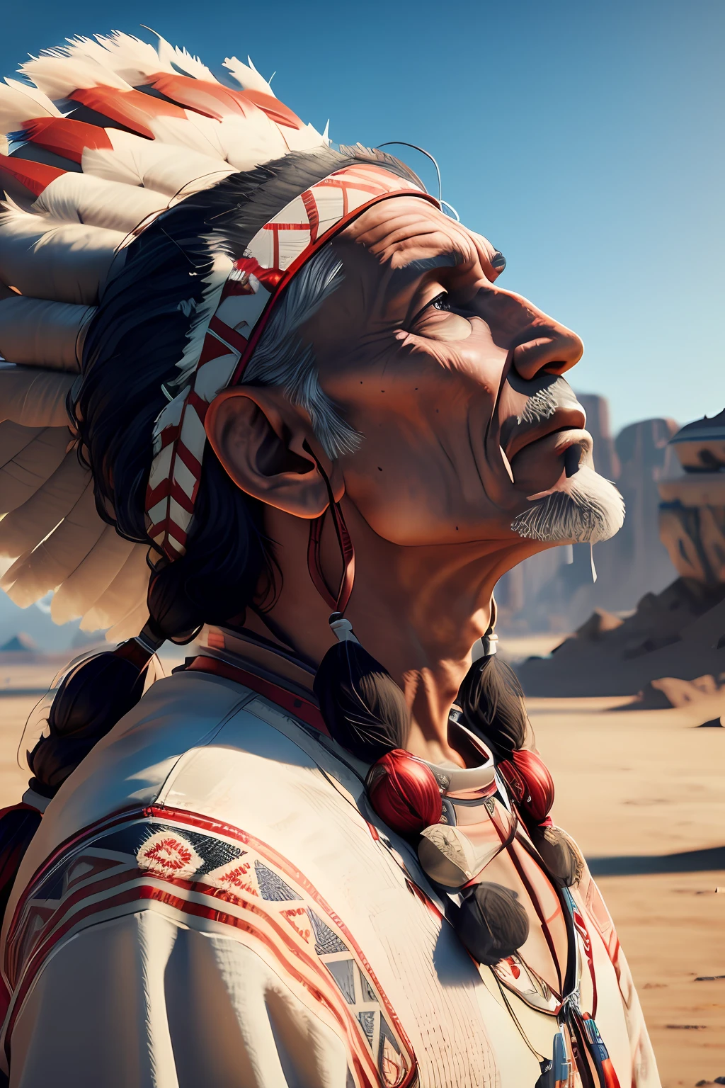 homem arafed em vestido nativo com cocar de pena olhando para cima, Beeple e Jean Giraud, renderizado no Unreal Engine 5, highly detailed cinematic, detailed cinematic render, 8k portrait render, Personagem pequeno. Motor Unreal 5, Criado em Unreal Engine 5, Unreal Engine 5 altamente renderizado, cinematic highly detailed, Feito em Unreal Engine 5, very detailed cinematic