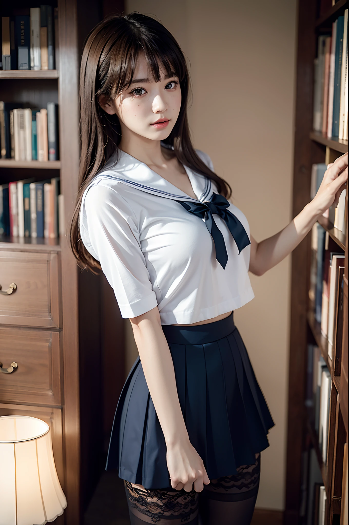 absurdres, RAW photo, extremely delicate and beautiful, masterpiece, Best Quality, ultra high resolution, 32k, hyperrealistic, ultra-detailed, perfect anatomy, perfect figure, super Detailed skin, Very detailed CG 8k wallpaper, in her 20s, very Slim body, narrow waist, very small head, very small face, delicate facial features, tearful mole, earring, thin legs, (very huge round breasts:1.2), full body shot, (solo:1.2), short hair, (wavy hair:1.2), wet clothes, (school_uniform:1.1), (sailor uniform:1.1),