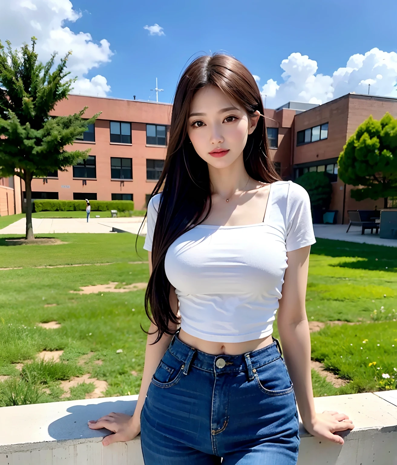 (Daytime, Excellent, 8K, Masterpiece:1.3)), Full body, Long legs, Focal length: 1.2, Perfect Body Beauty: 1.4, Slim Abs: 1.1, ((Dark Brown Hair, Big Breasts: 1.2 )), (White Skinny T-shirt, Denim Suspenders, Standing: 1.2), ((City, Blue Sky and White Clouds: 1.3)), Highly detailed face and skin texture, Detailed eyes, Double eyelids, Flying long hair