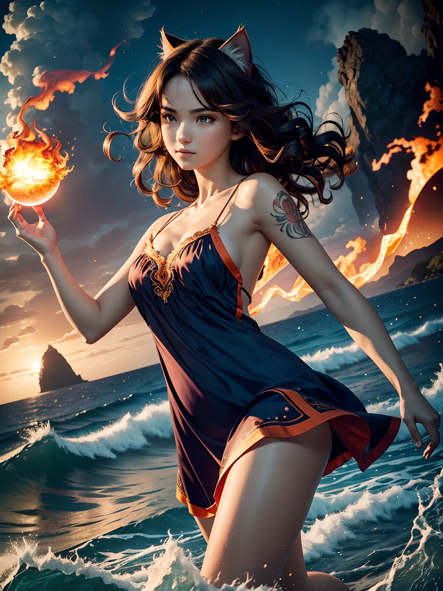 (masterpiece:1.1), (best quality:1.2), (artwork:1.1) of (real adult catgirl in light nightdress, dynamic pose:1), skinny, thin legs, thin hips, crepuscular rays, (scenic, floating short hair, tender, natural skin, upper body, tall), (crisp:1.1), (ultra detailed, ultra detailed cg background), full body colorful tattoo, firestorm, centered, colorful, glowing, (depth of field), wavy hair, finely detailed, (edge detection:1), (120mm), beautiful eyes, (intense lighting:1.1), (ultrasharp), fine art, creative, face, bokeh, photographed on a Fujifilm GFX 100S, macro lens, orange, cold blue, fireball, engulfed in flames, flight, sunny, dynamic, physics, sky, lava, moons, shockwaves, red-hot, magic, wizardry, spheres, concentric