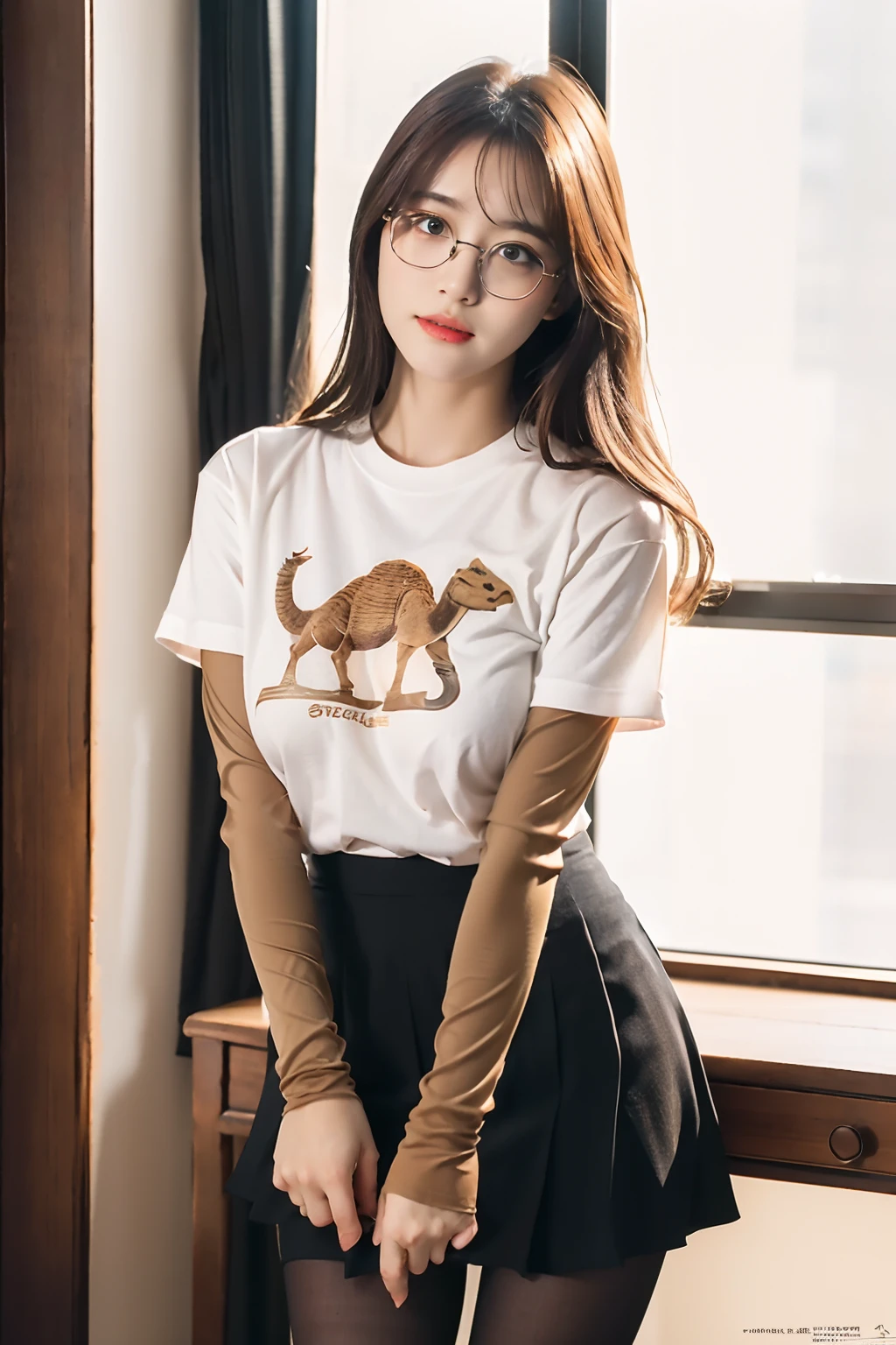 ulzzang-6500-v1.1,(raw photo:1.2), (photorealistic:1.4), beautiful detailed girl, very detailed eyes and face, beautiful detailed eyes, ridiculous, incredibly ridiculous, huge file size, super detailed, high resolution, very detailed, best quality, masterpiece, ((t-shirt)), illustration, very detailed, CG, unified, 8k wallpaper, amazing, fine details, masterpiece, Best quality, very detailed CG unified 8k wallpaper, face light, movie lighting, 1girl, , long white hair, side split, (big breasts), (no panties)), (with glasses), (dynamic pose), (sexy pose), ((camel toe))), (half), ((pantyhose)), ((black hip skirt)), (bent knees)))))