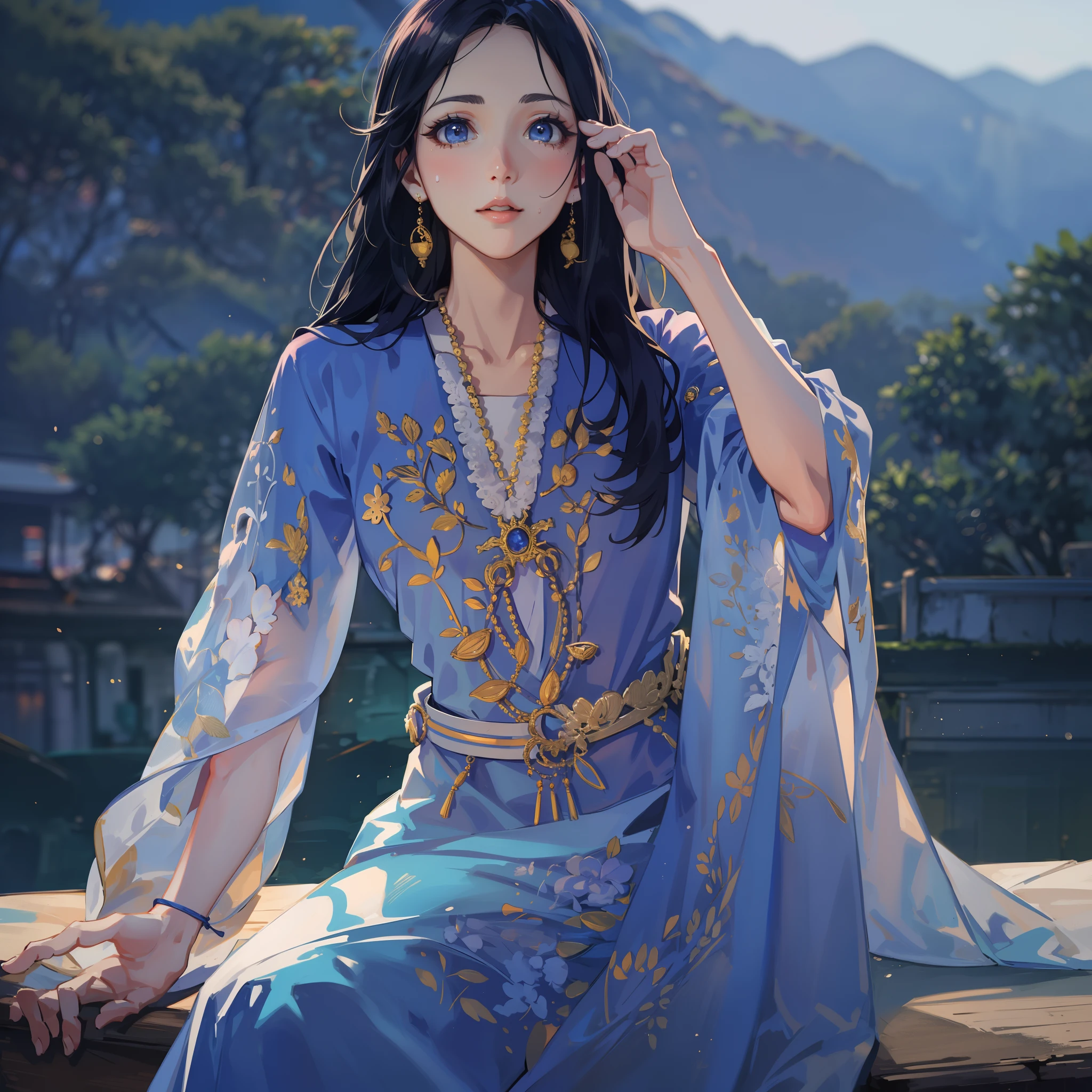 garments:Woman in blue Ao Dai:1.8,accessory:shell necklace,The hair:Long Black Hair:1.1、 make - up:natural, Glowing skin、Wearing sweat, BEReaction:relax、Free-spirited、 The location:Landscape of Vietnam:1.1,Lantern sink:1.1,4K, (Raw photo: 1.2), (Realism: 1.4), (masutepiece: 1.3), (exquisite detailing: 1.2), Delicate and beautiful details, (Eye Detail), (Facial Detailed), (Highest Quality) :1.4), (Hyper-Resolution: 1.2), cinematric light, (very detailed illustration), (Best Quality, Super Resolution, depth of fields, Wide light, natural shadows
