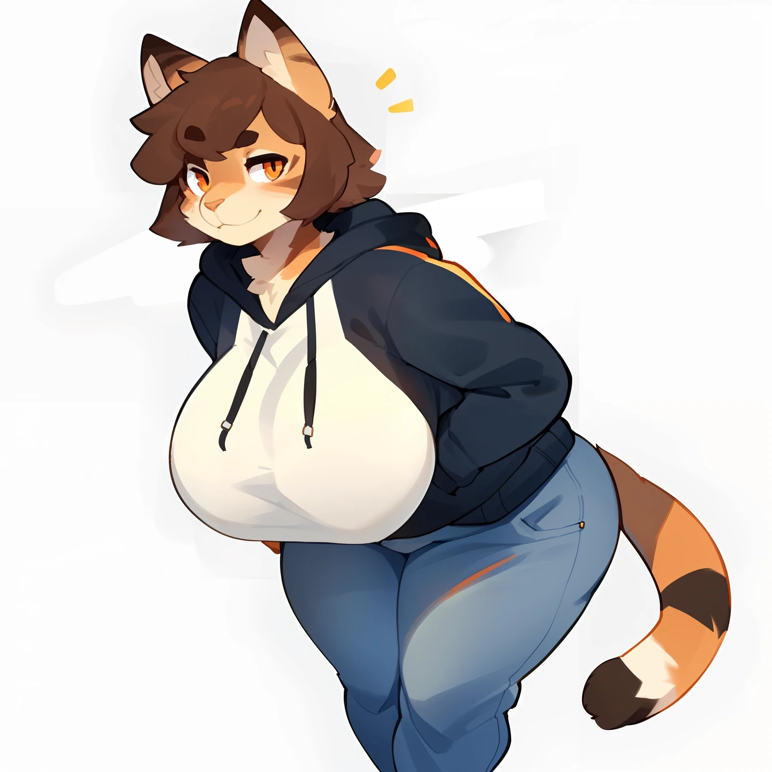 Solo, female, standing, grey cat, domestic cat, feline, tabby cat, ((snout)), by bigcozyorca, by goonie-san, by bebebebebe, by spikedmauler, big breasts, facing viewer, orange eyes, brown hair, hoodie, jeans, grey fur, bedroom eyes, plump, thicc,