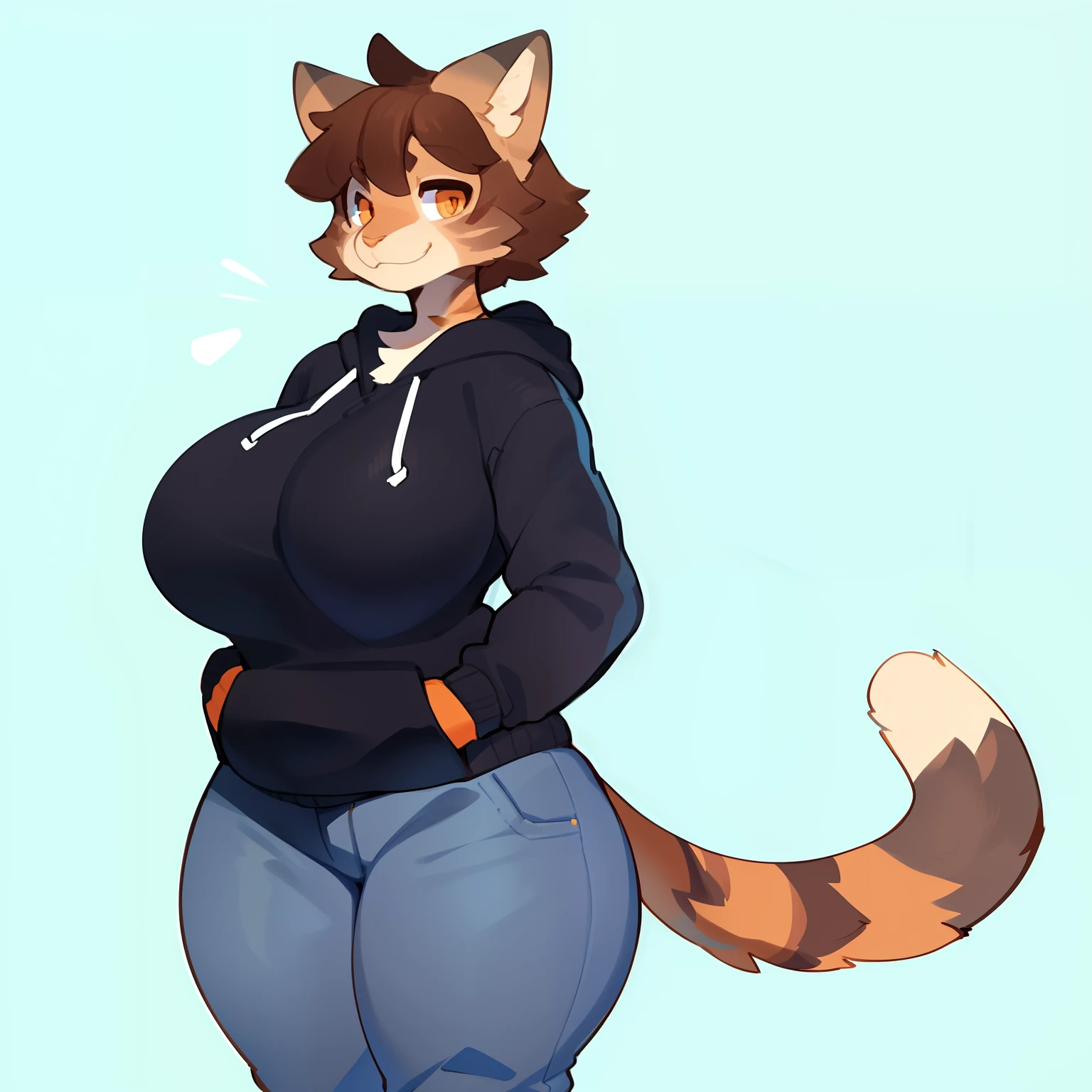 Solo, female, standing, grey cat, domestic cat, feline, tabby cat, ((snout)), by bigcozyorca, by goonie-san, by bebebebebe, by spikedmauler, big breasts, facing viewer, orange eyes, brown hair, hoodie, jeans, grey fur, bedroom eyes, plump, thicc,