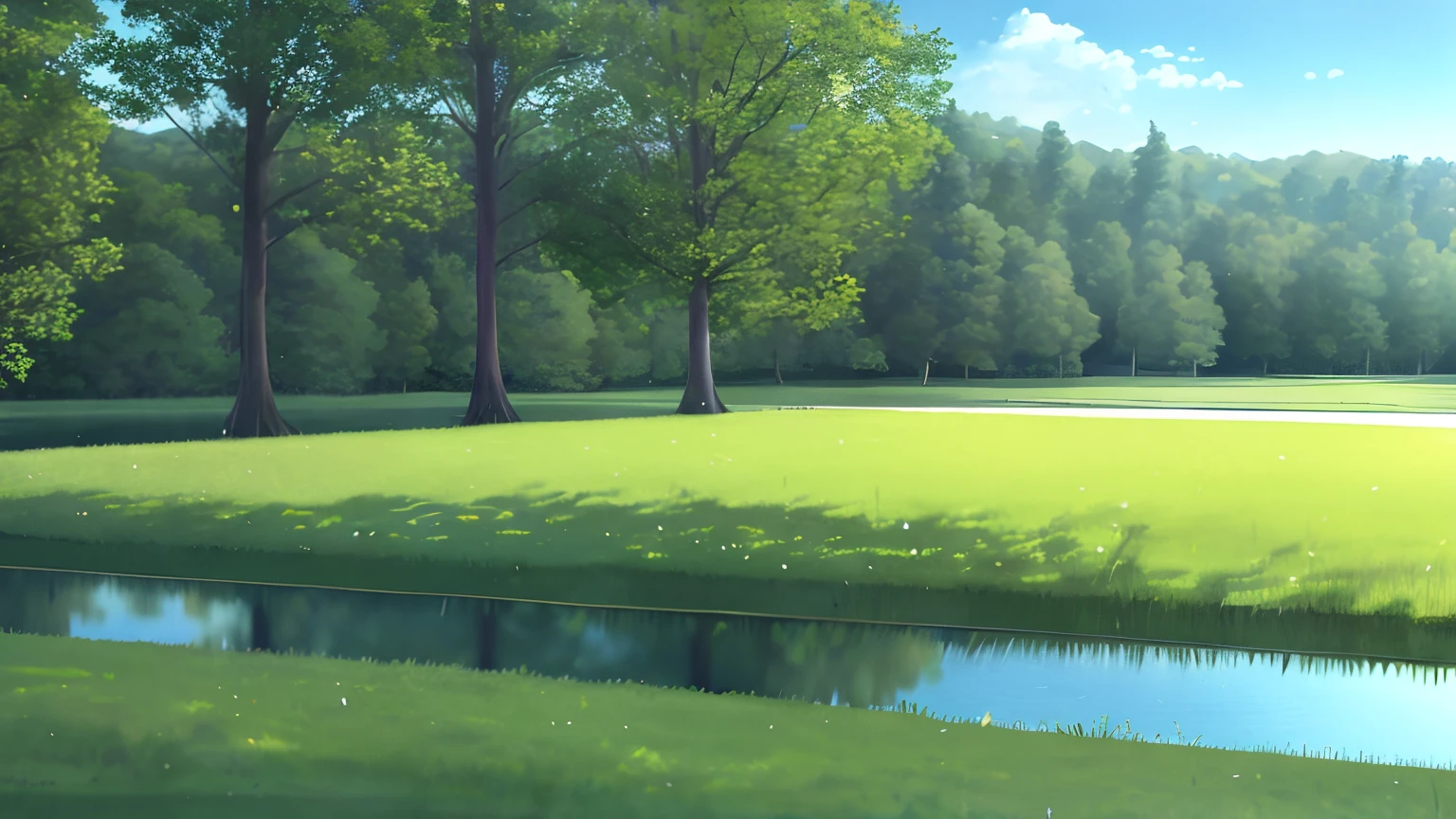 ln the forest,grassy fields,Lake surface,an architectural,There is the word 'huh' in the picture